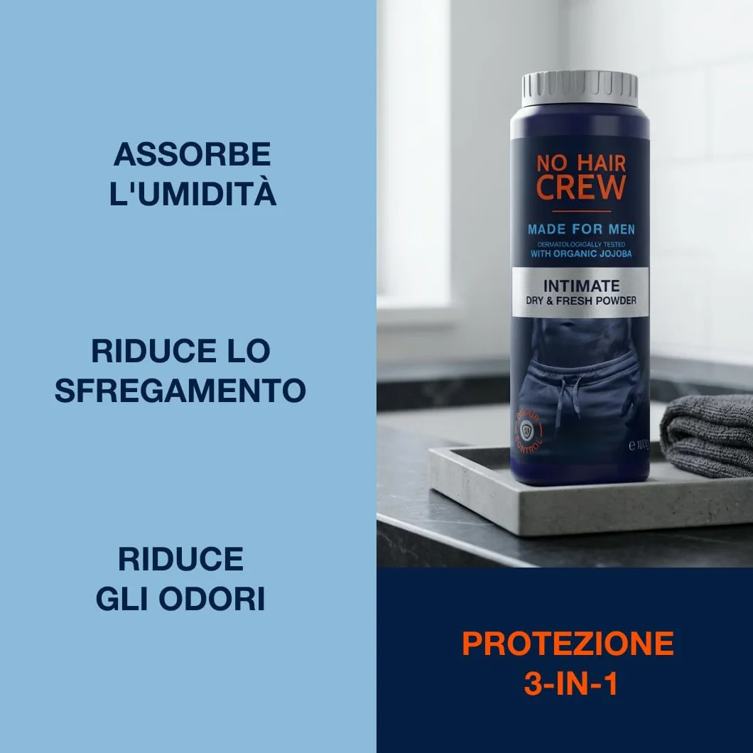 NO HAIR CREW Dry & Fresh Polvere Intima Uomo 100 g – Polvere Corpo Senza Talco contro Sudore, Odori e Sfregamenti – Sensazione di Freschezza e Comfort Duraturi