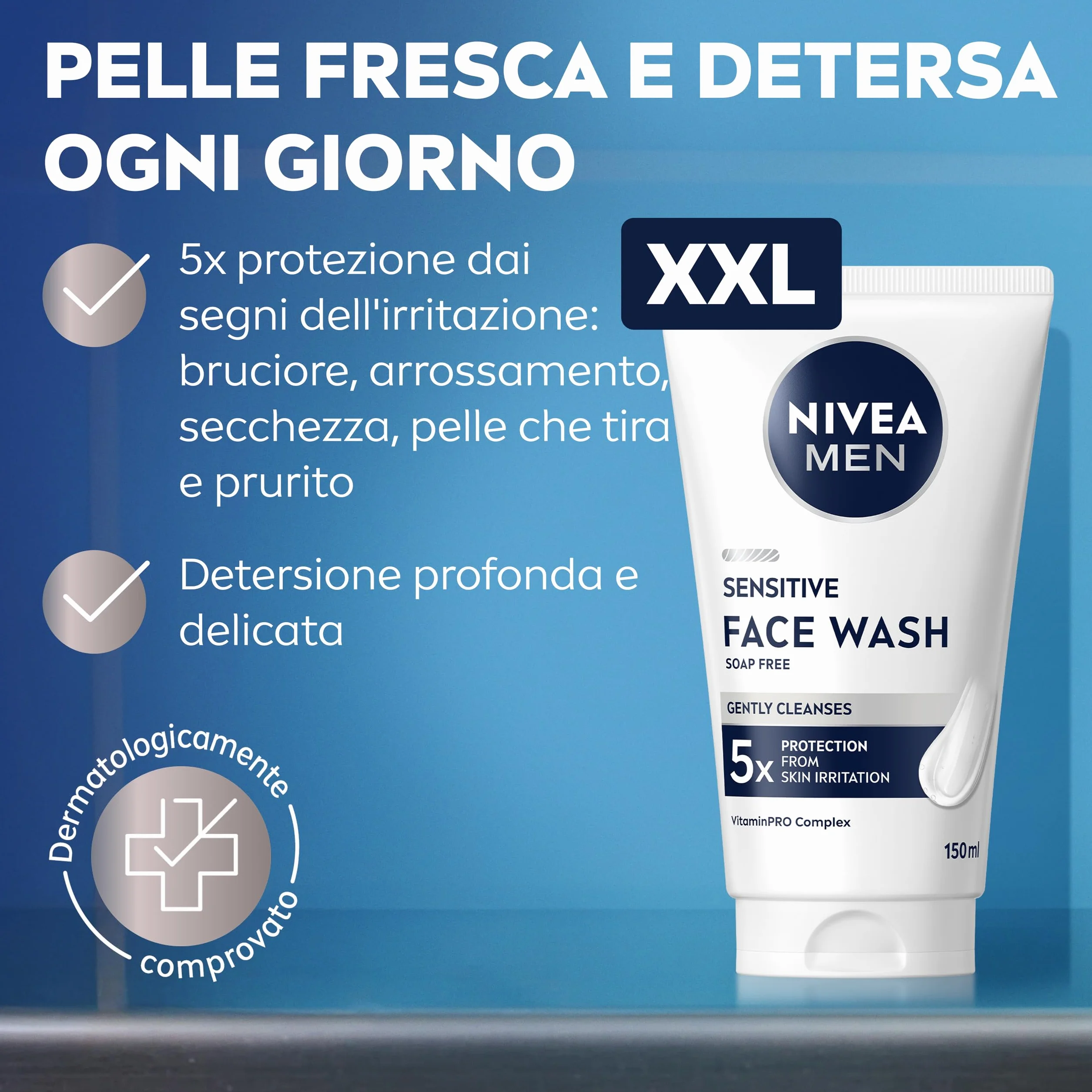 NIVEA MEN Sensitive Gel Detergente Viso XXL 150 ml, Detergente viso uomo in maxi formato per 5x protezione dalle irritazioni, Skincare uomo con Complesso VitaminPRO idratante per pelli sensibili