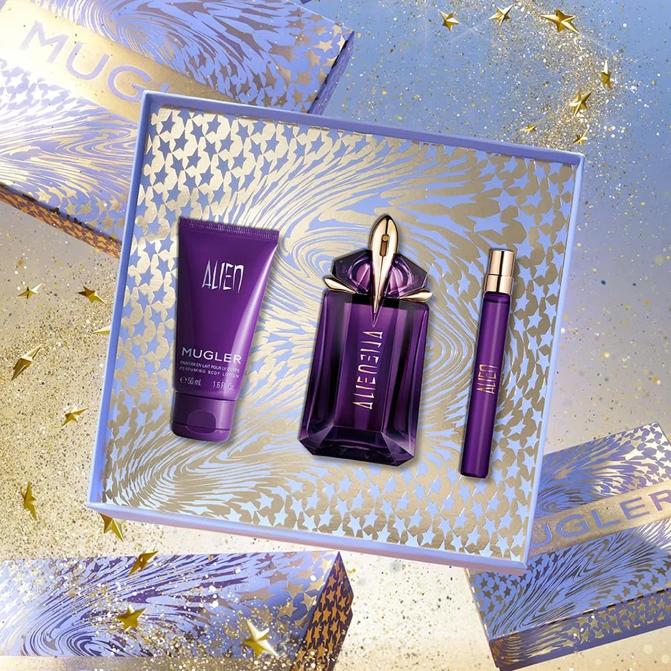 MUGLER Cofanetto Alien, Eau de Parfum + Eau de Parfum e Lozione Corpo, Profumo Donna, Profumo Ambrato, Legnoso e Floreale, Fragranza Straordinaria, Ricaricabile, 60 ml + 10 ml + 50 ml