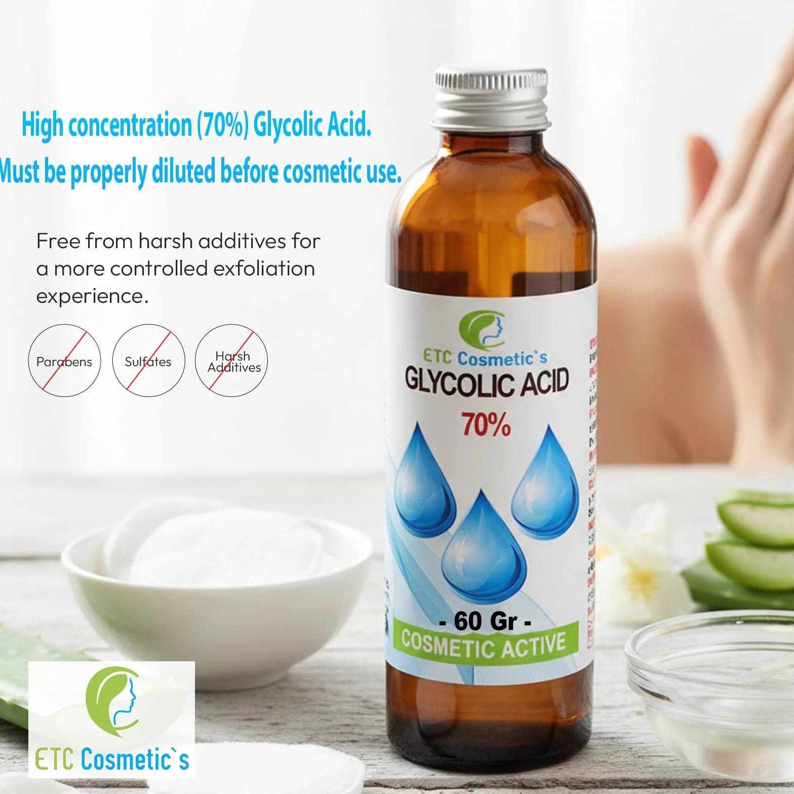 Acido glicolico - 60 gr - 70% Soluzione esfoliante AHA ad alta potenza | Formula per un profondo rinnovamento della pelle e una texture più definita | A base d'acqua