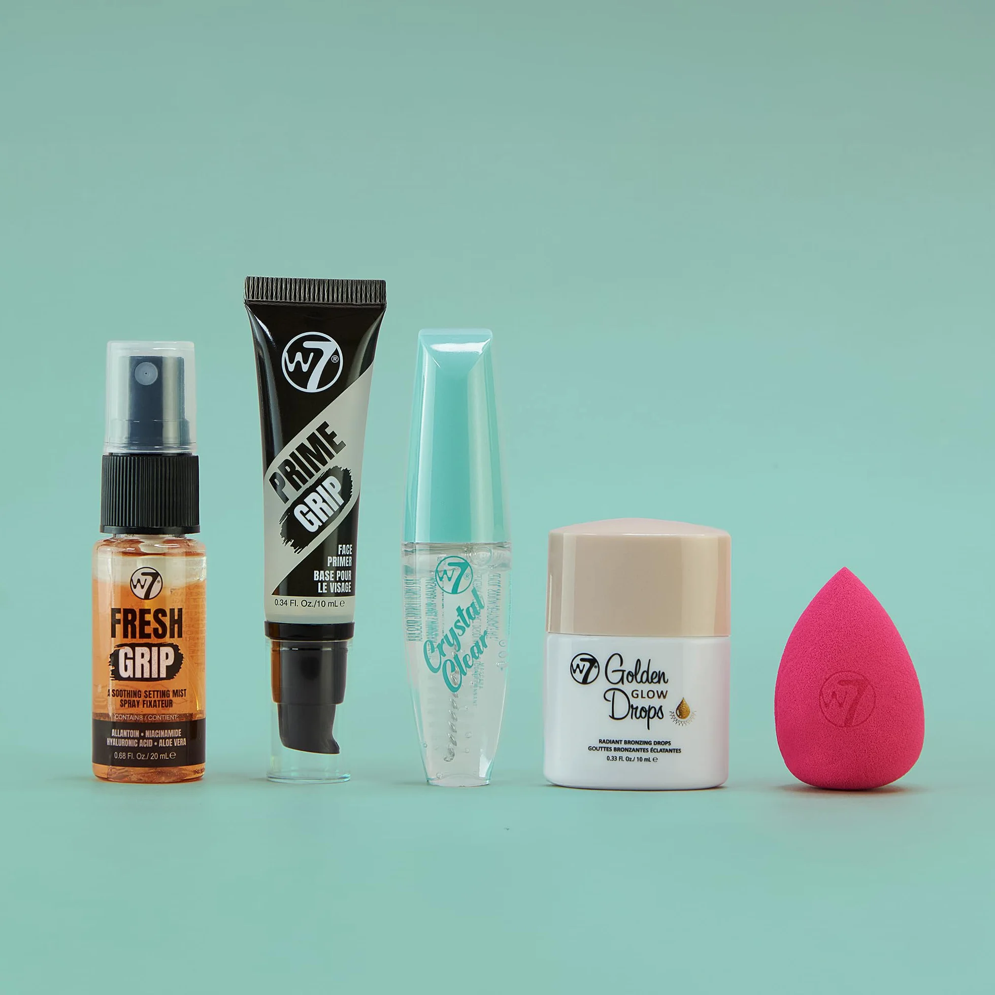 W7 On the Go Essentials - Set di trucchi indispensabili in formato mini, con primer, spray fissante, mascara, gocce abbronzanti Golden Glow e spugnetta - Make-up essenziali