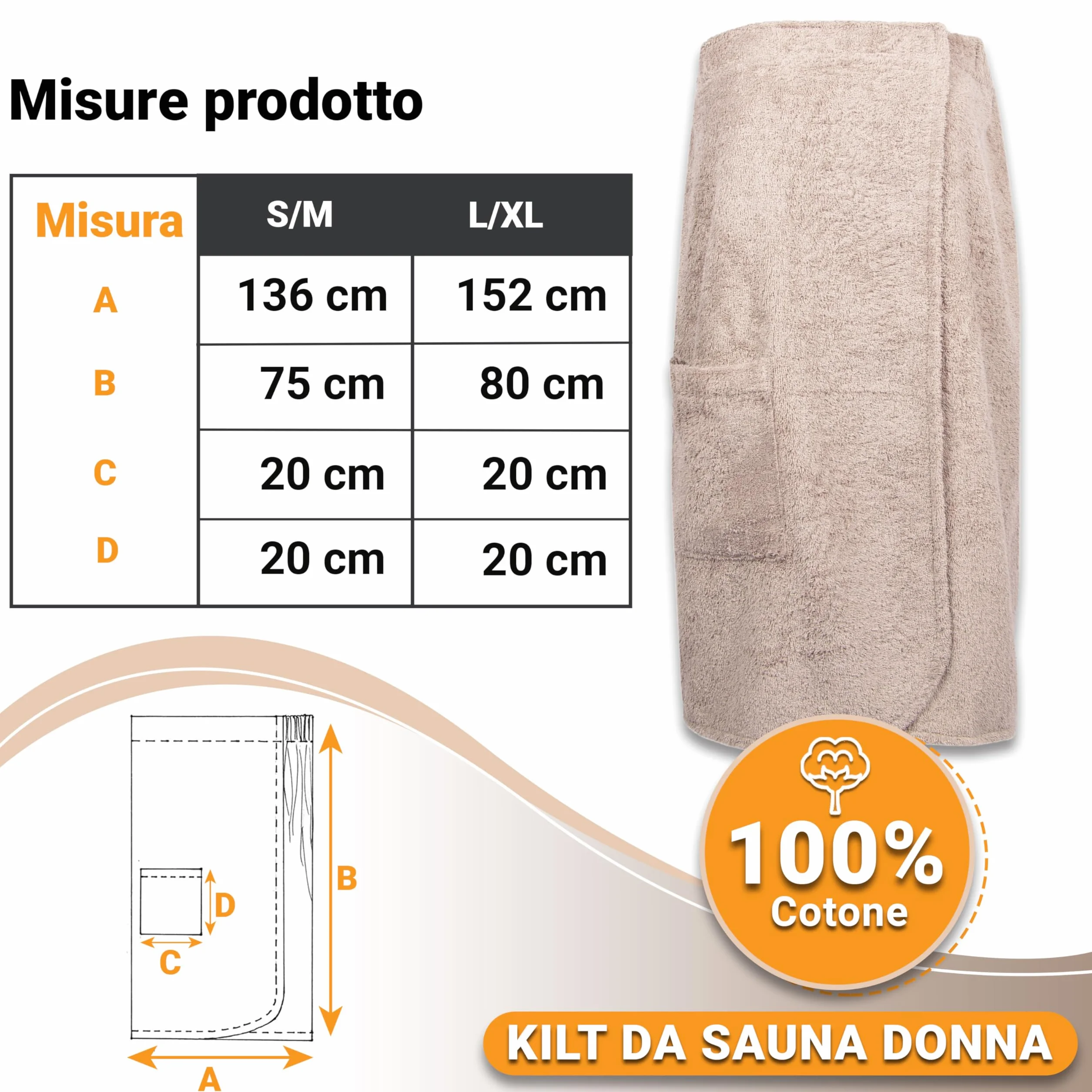 ZOLLNER Kilt da sauna da donna tortora morbido sulla pelle assorbente Cotone fascia elastica chiusura a strappo Misura L/XL Lavabile a 60°C Certificato OEKO TEX