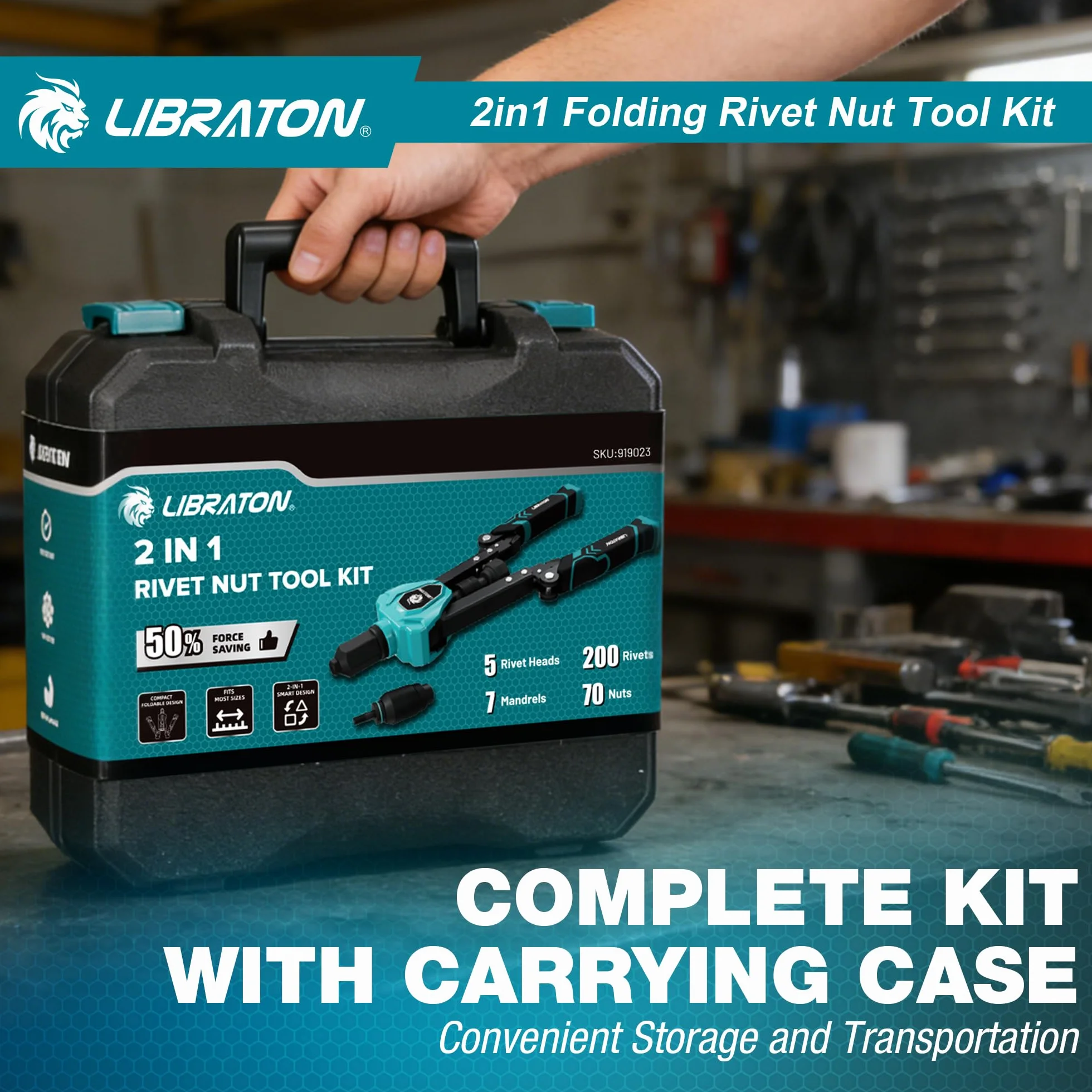 LIBRATON Rivettatrice Pieghevole 2 in 1 per Inserti Filettati, 7 Mandrini M3-M12, 5 Teste 2.4-6.4mm, 70 Inserti 200 Rivetti