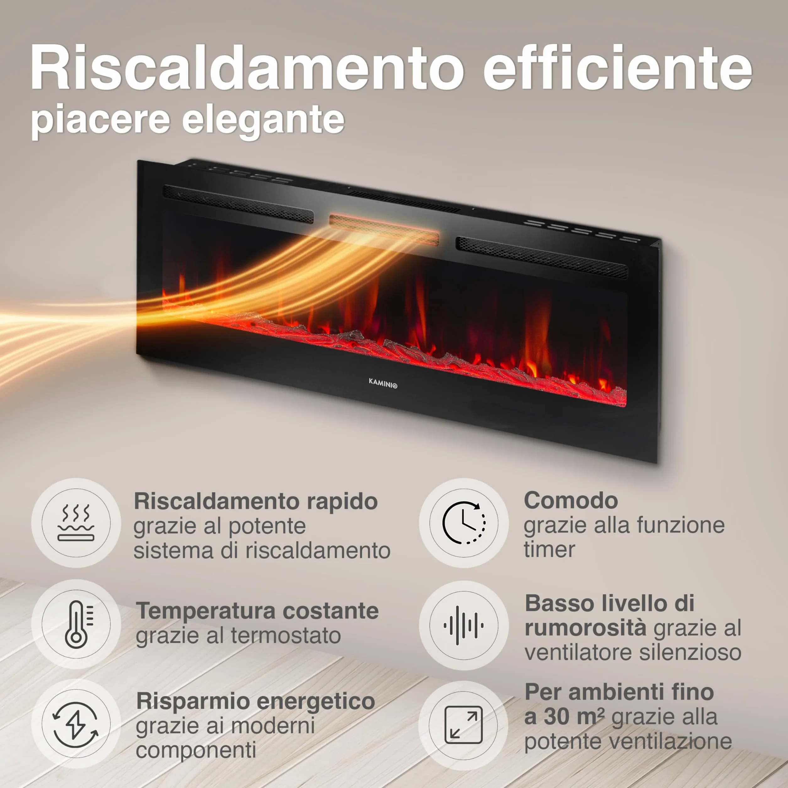 Kaminio Camino elettrico MARLON 3-in-1 con riscaldamento, effetto fiamma 3D, 12 colori, telecomando 60 pollici