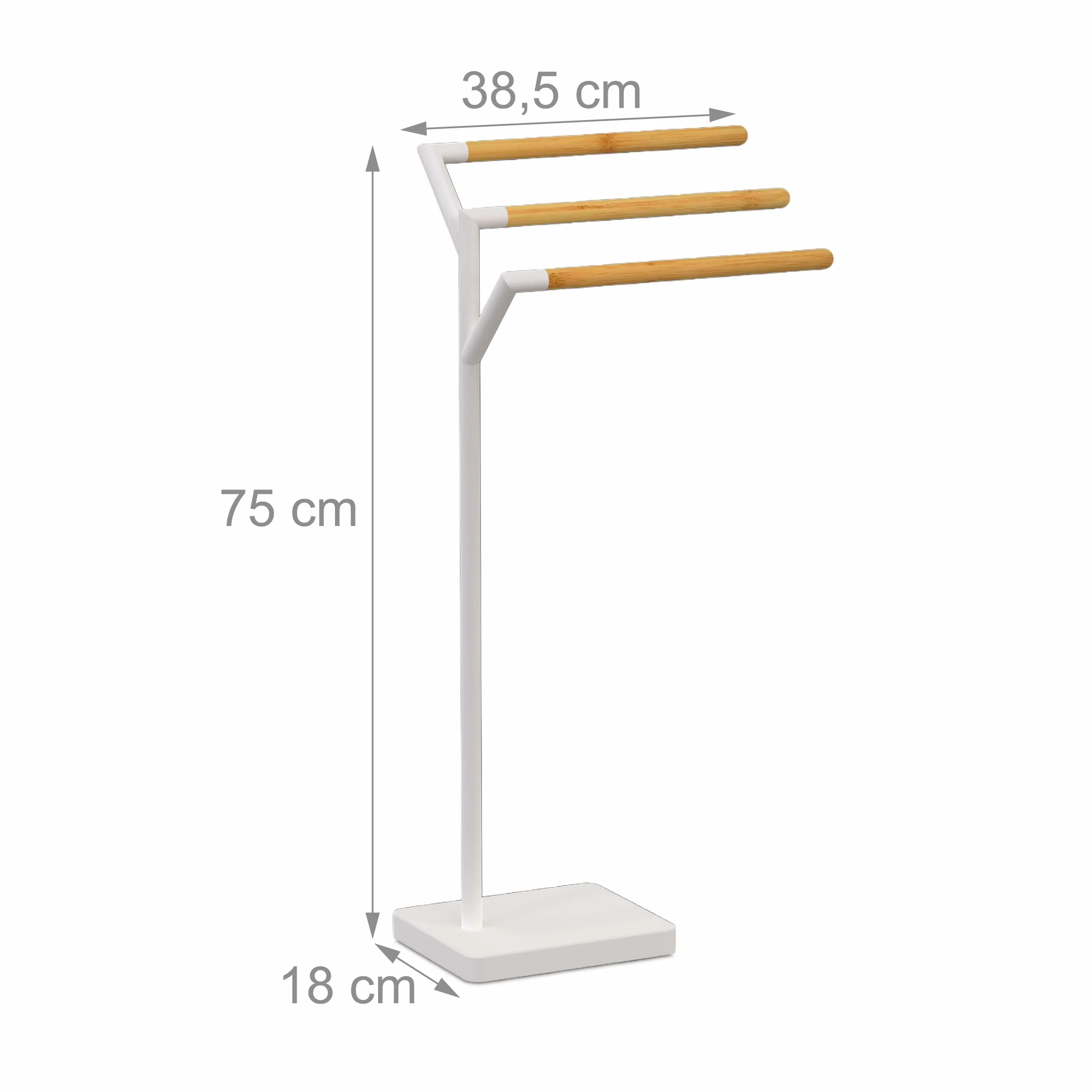 Relaxdays Portasciugamani a 3 Bracci Sfalsati Piantana da Bagno 75x38,5x18 cm Ferro Bambù Bianco