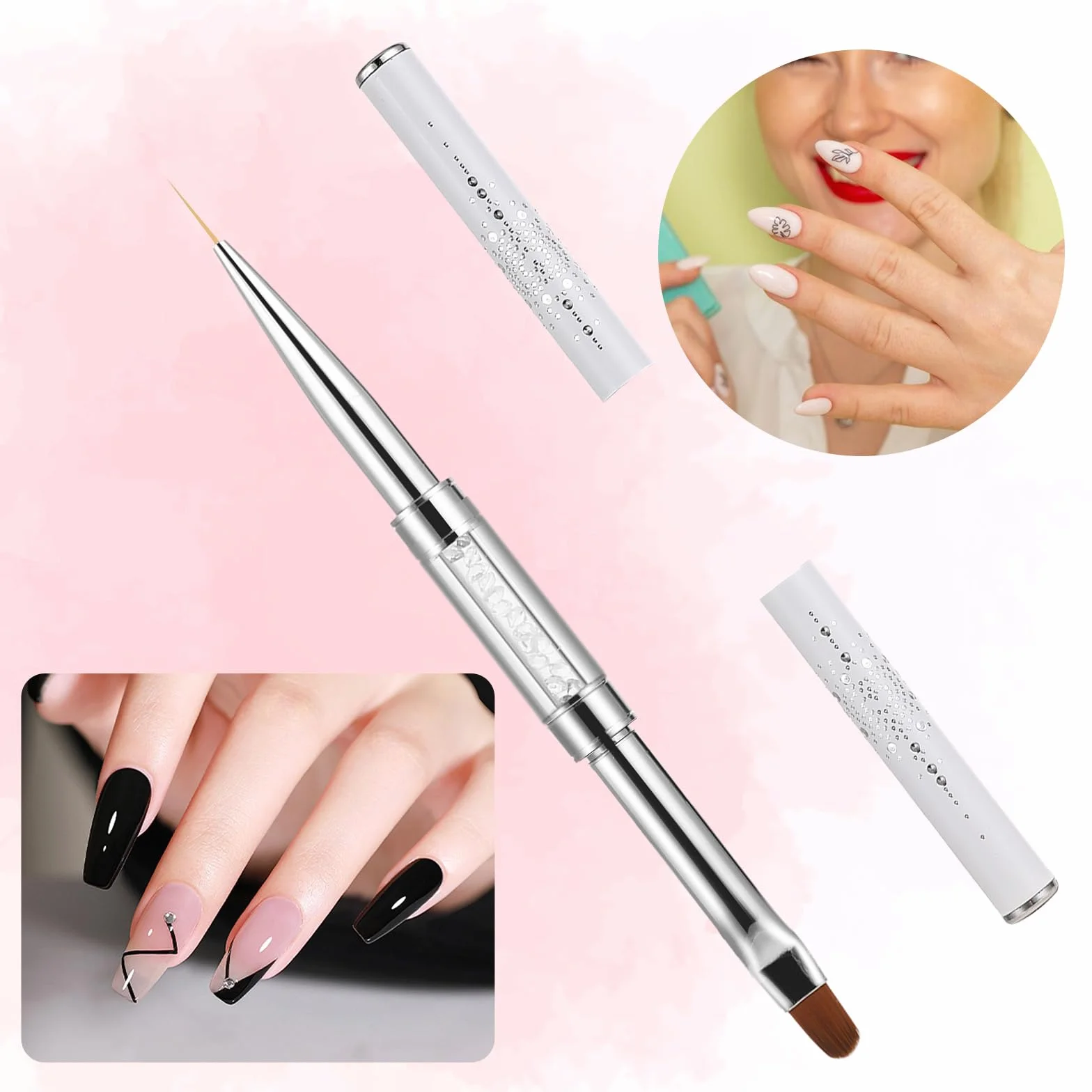 simarro Pennello per unghie a doppia estremità, manico con strass, pennello per unghie in gel, strumenti professionali per nail art, pennello per punteggiatura (1 pezzo bianco)