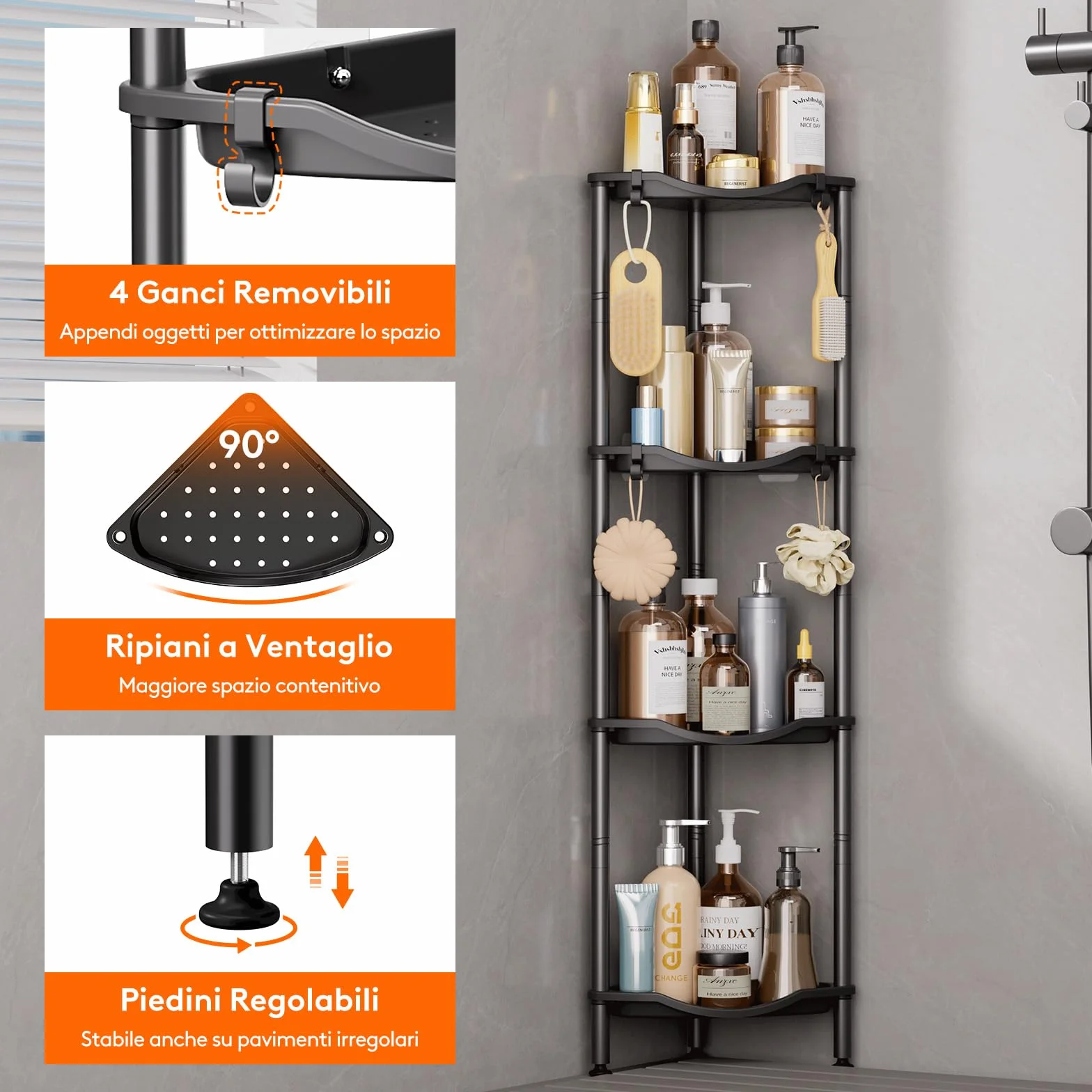 Mensola Doccia a 4 Livelli senza Foratura, Organizzatore Angolo per Bagno in Plastica, Nero 34cm