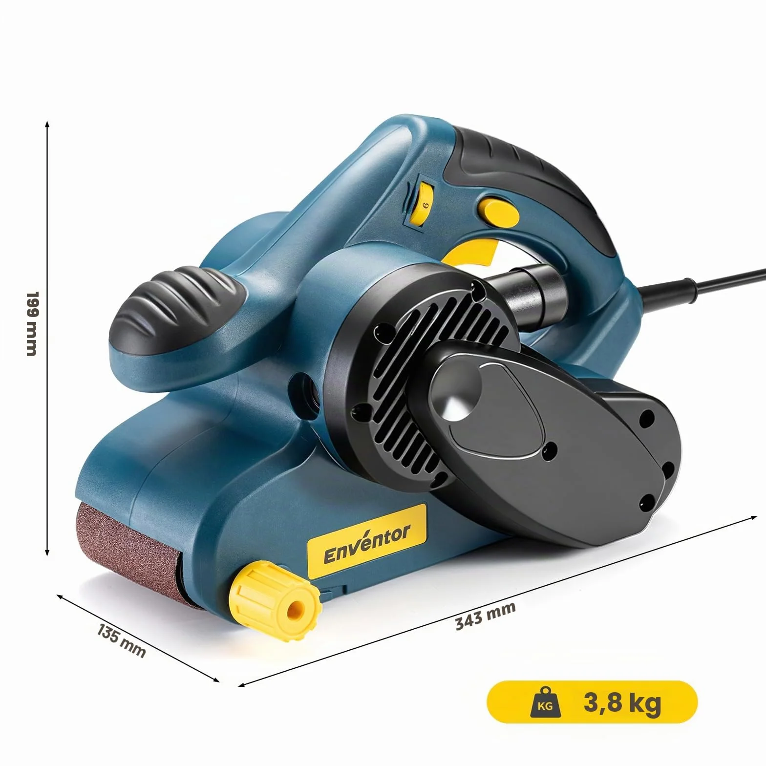 Enventor Levigatrice a Nastro 950W 6 Velocità 120-380m/min 12 Nastri Abrasivi 76 x 533mm Sacchetto Raccoglipolvere