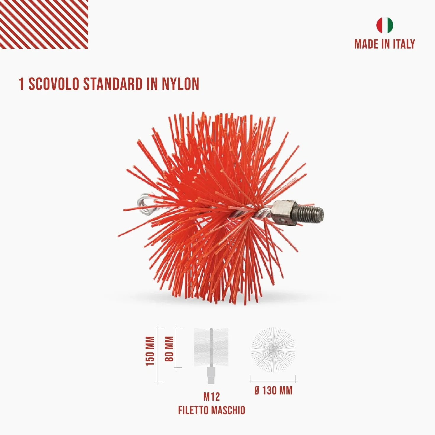 BARETTO Kit Pulizia Camino Canna Fumaria FLEX Ø 130 mm Prolunghe Molla 3 m Curvatura 90° Scovolo Nylon Attacco M12