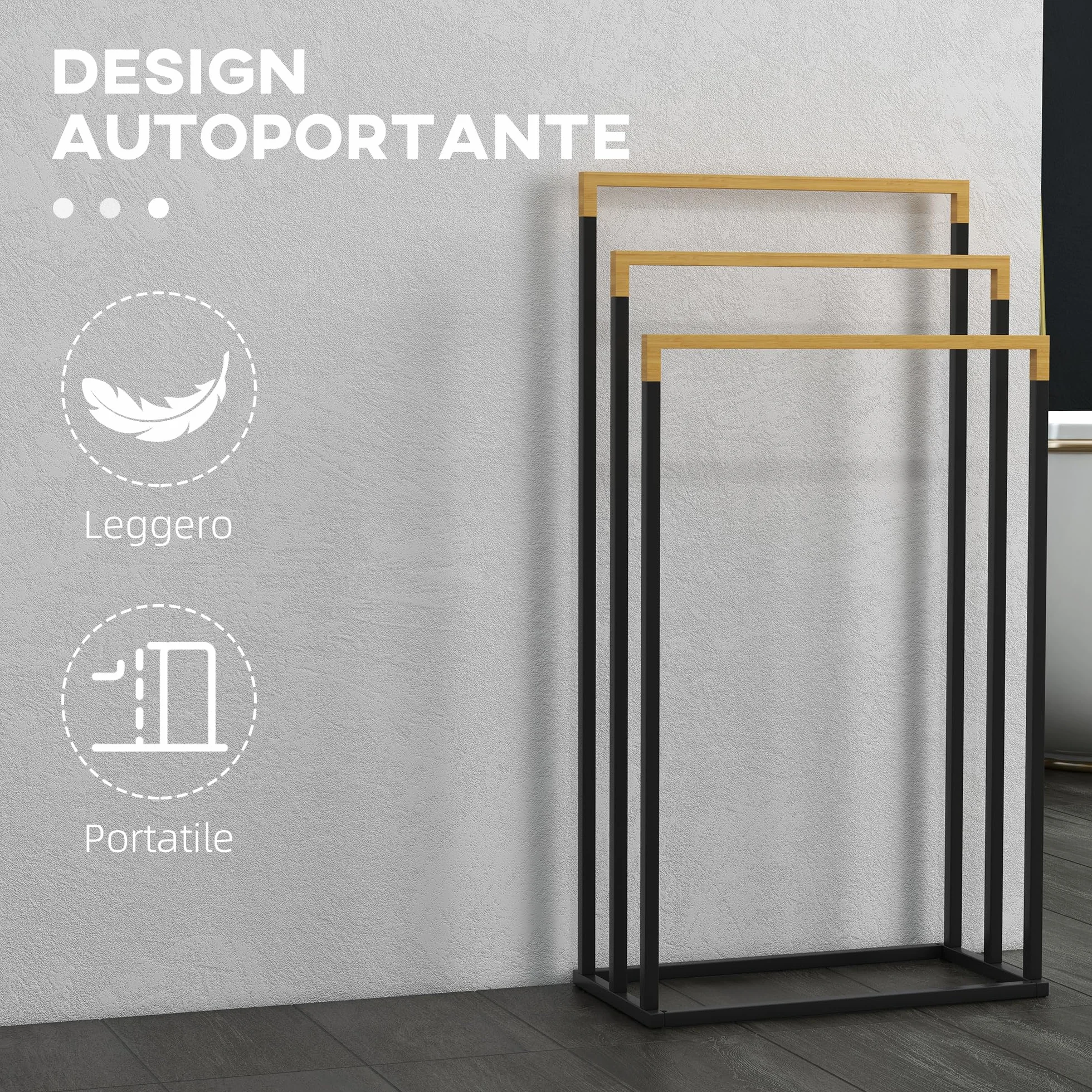 Kleankin Portasciugamani 3 Sbarre Bambù Acciaio Autoportante 45x22.5x86 cm Nero