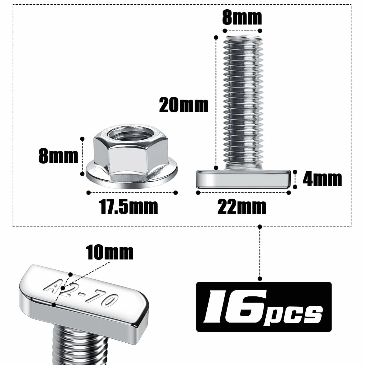 Viti a testa martello M8x20 acciaio inox per guide solari PV