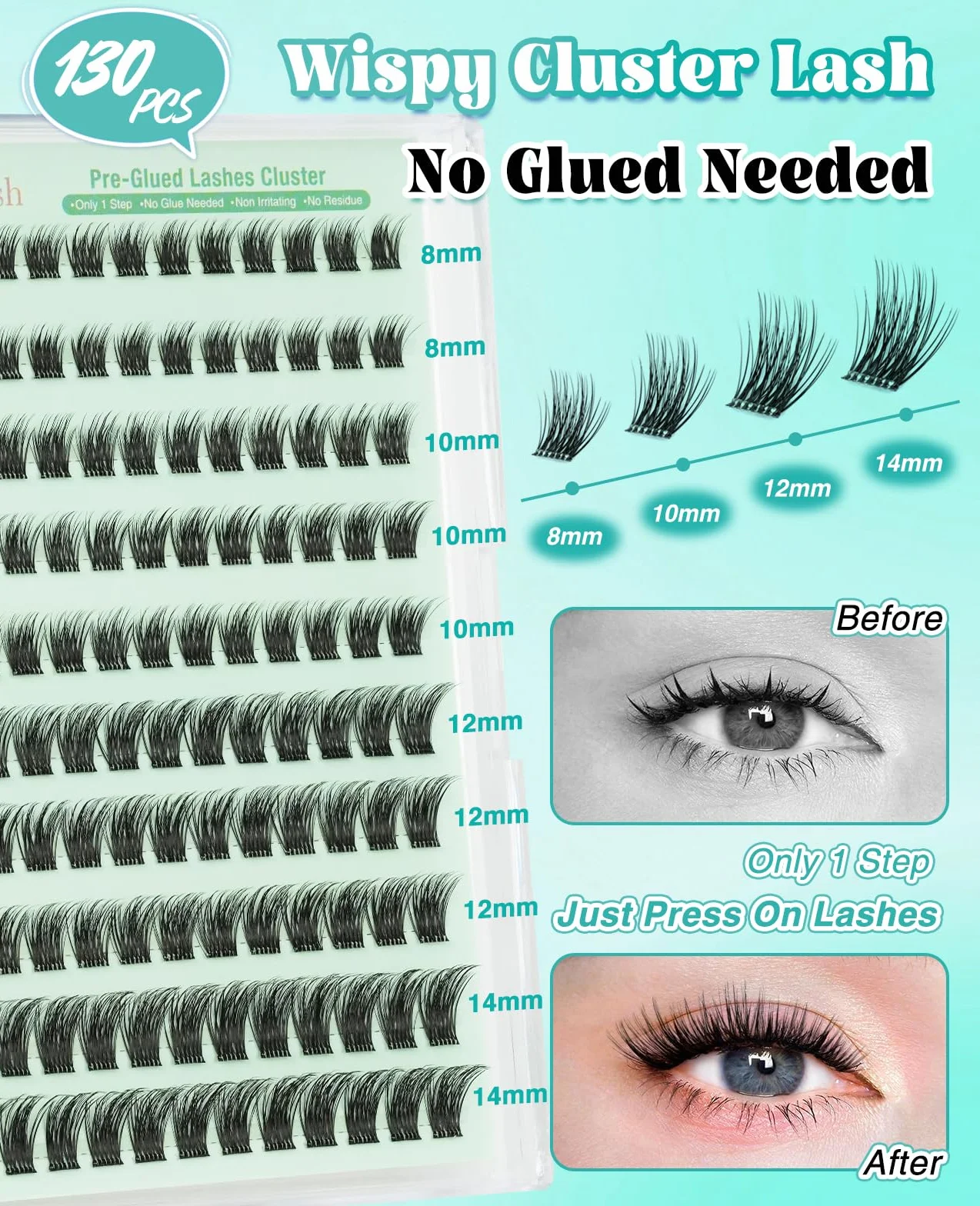 Obeyalash Ciglissime Press E Go Autoadesive 130pcs Cluster Lashes Ciglia Press and Go Ciglissima Wispy C Curl 8-14mix No Glue Eyelashes Self Adhesive Eyelash Natural Stick On Lash Resuable (YLB09)