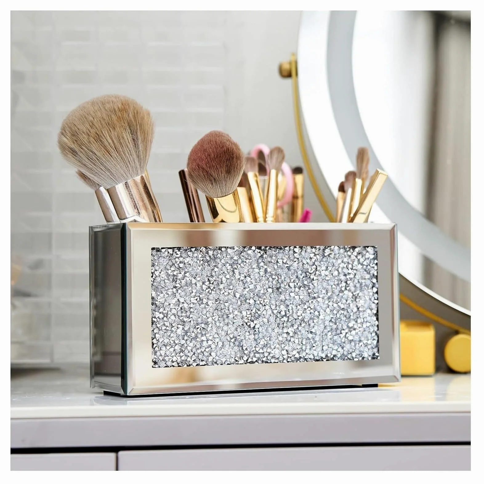 Porta Trucchi,Toeletta Porta Pennelli per Trucco A 3 Slot per Vanity Cosmetic Storage Organizer Vetrina per Sopracciglia con Eyeliner con Diamanti Schiacciati Multifunzione