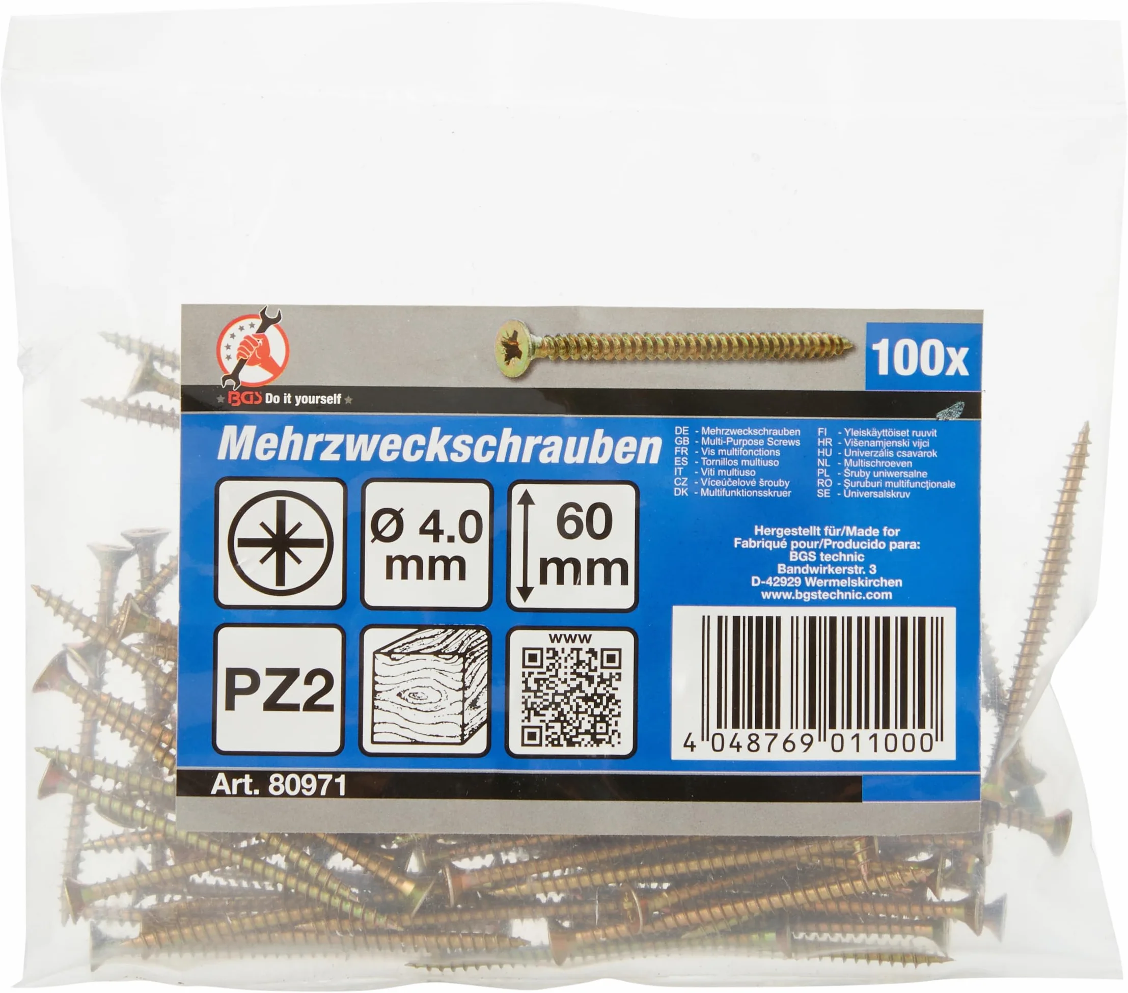 BGS Viti multiuso PZ2 4,0 x 60 mm 100 pezzi