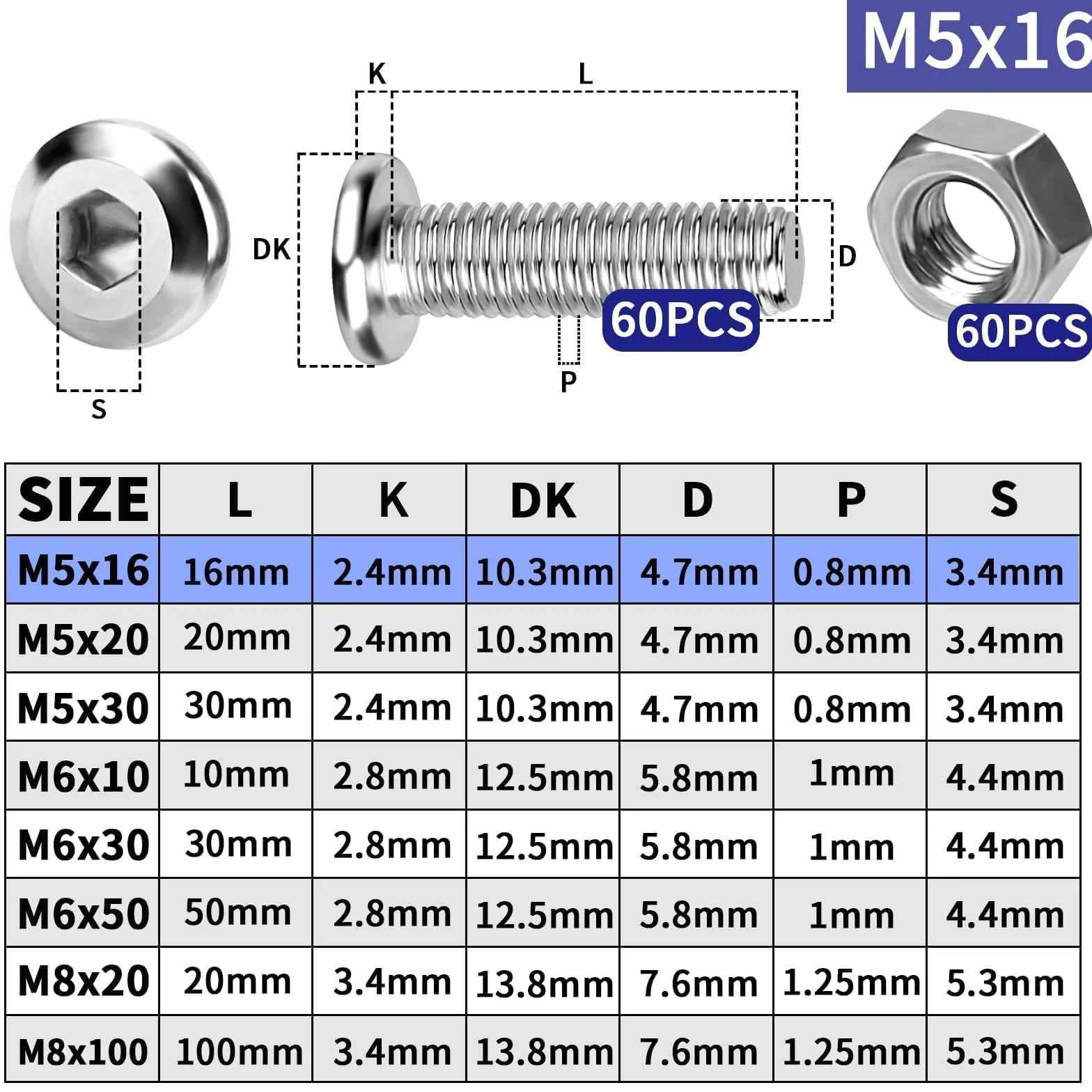 M5x16 Viti a Testa Piatta Acciaio Inossidabile Set 60 Pezzi Riparazione Mobili