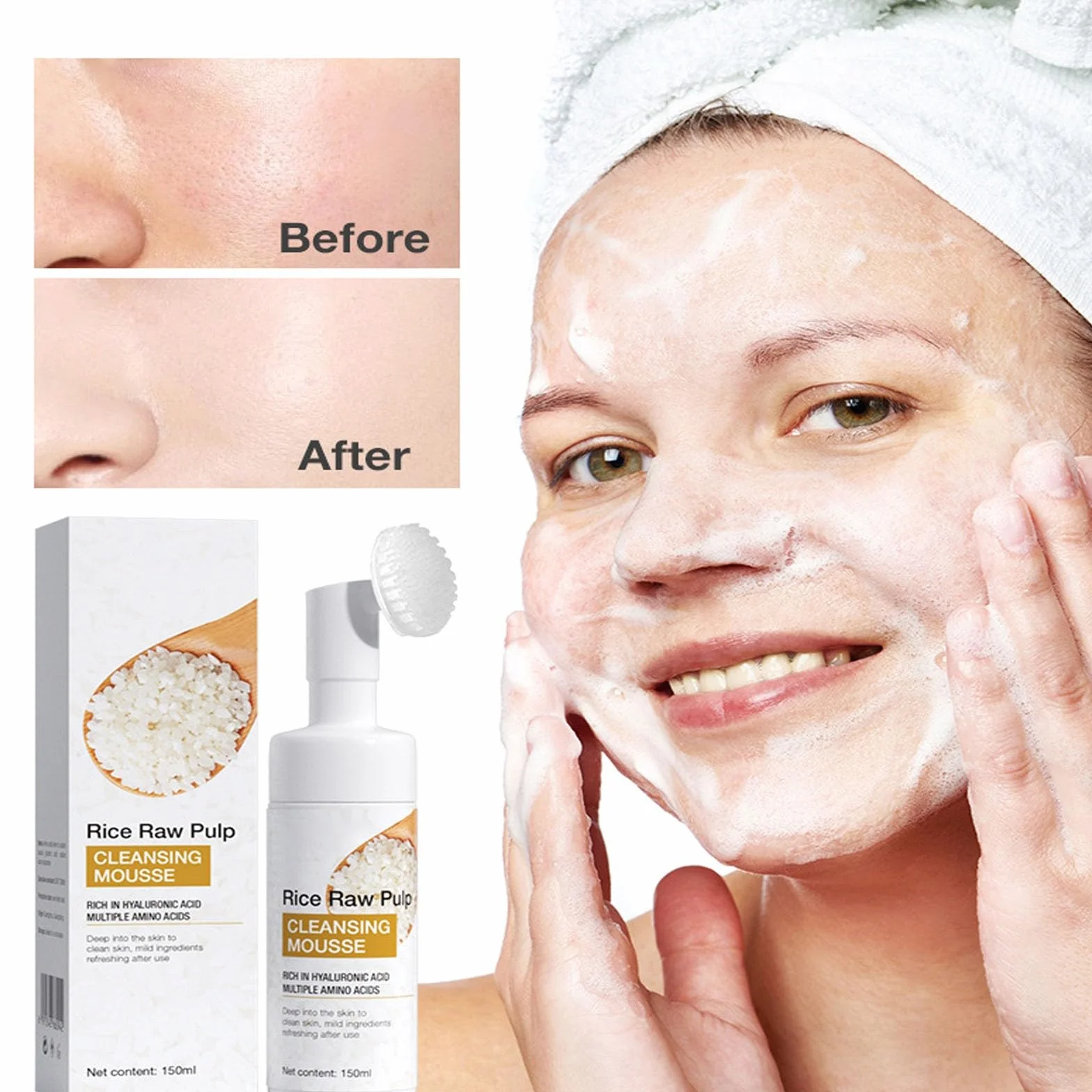Detergente schiumogeno per riso, detergente esfoliante delicato per il viso con spazzola in silicone, detergente idratante profondo per il viso al riso, detergente nutriente e idratante per la cura