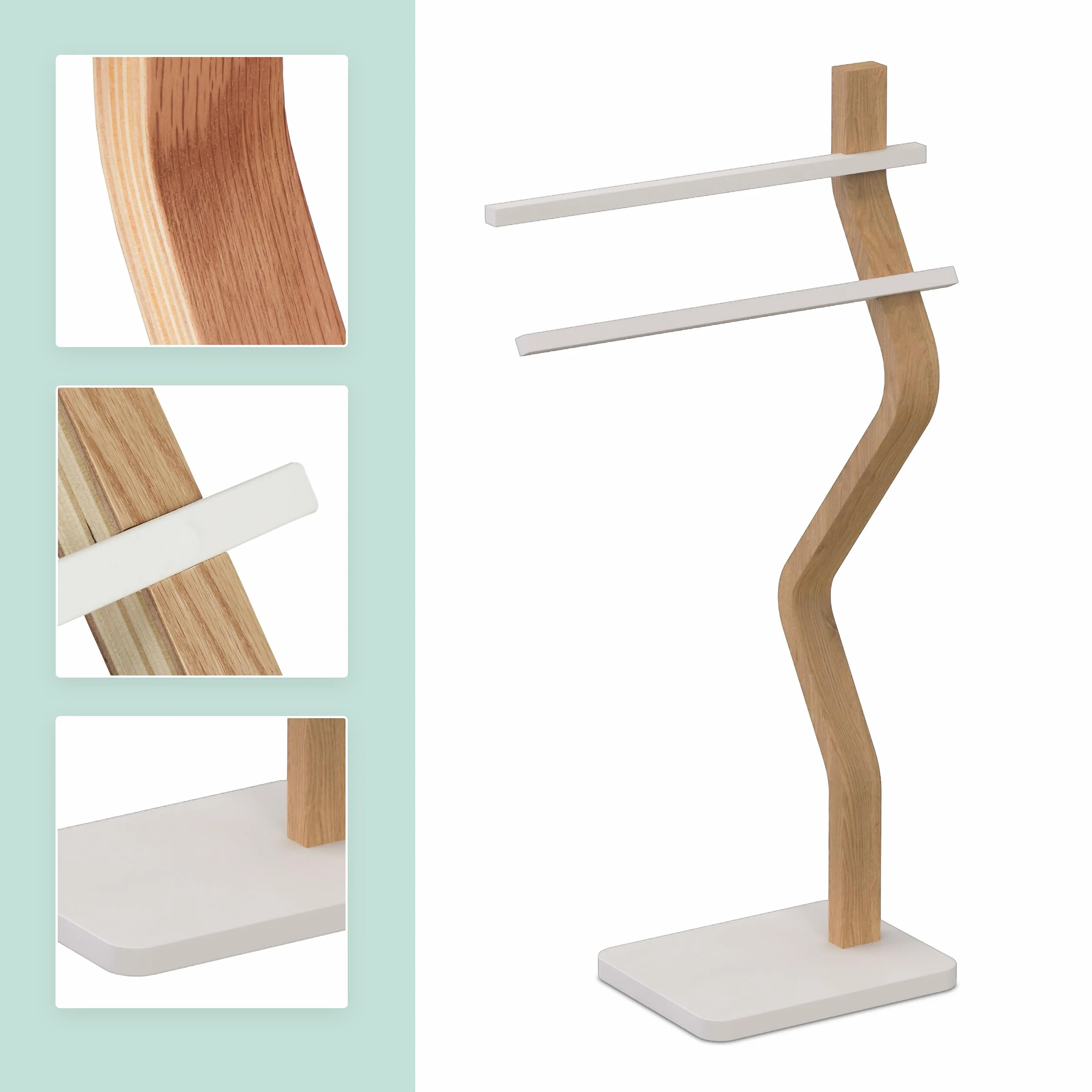 Relaxdays Portasciugamani a 2 Bracci Sfalsati Piantana da Bagno 86x37x18 cm Ferro Legno Bianco