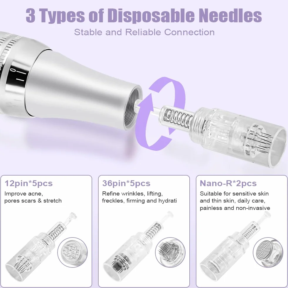 Vicloon Elettrico Dermapen Microneedling Professionale, Derma Penna con Schermo LCD e 6 Livelli incl. 12 pezzi Cartucce, Regolabile 0-2,5 mm (Argento)