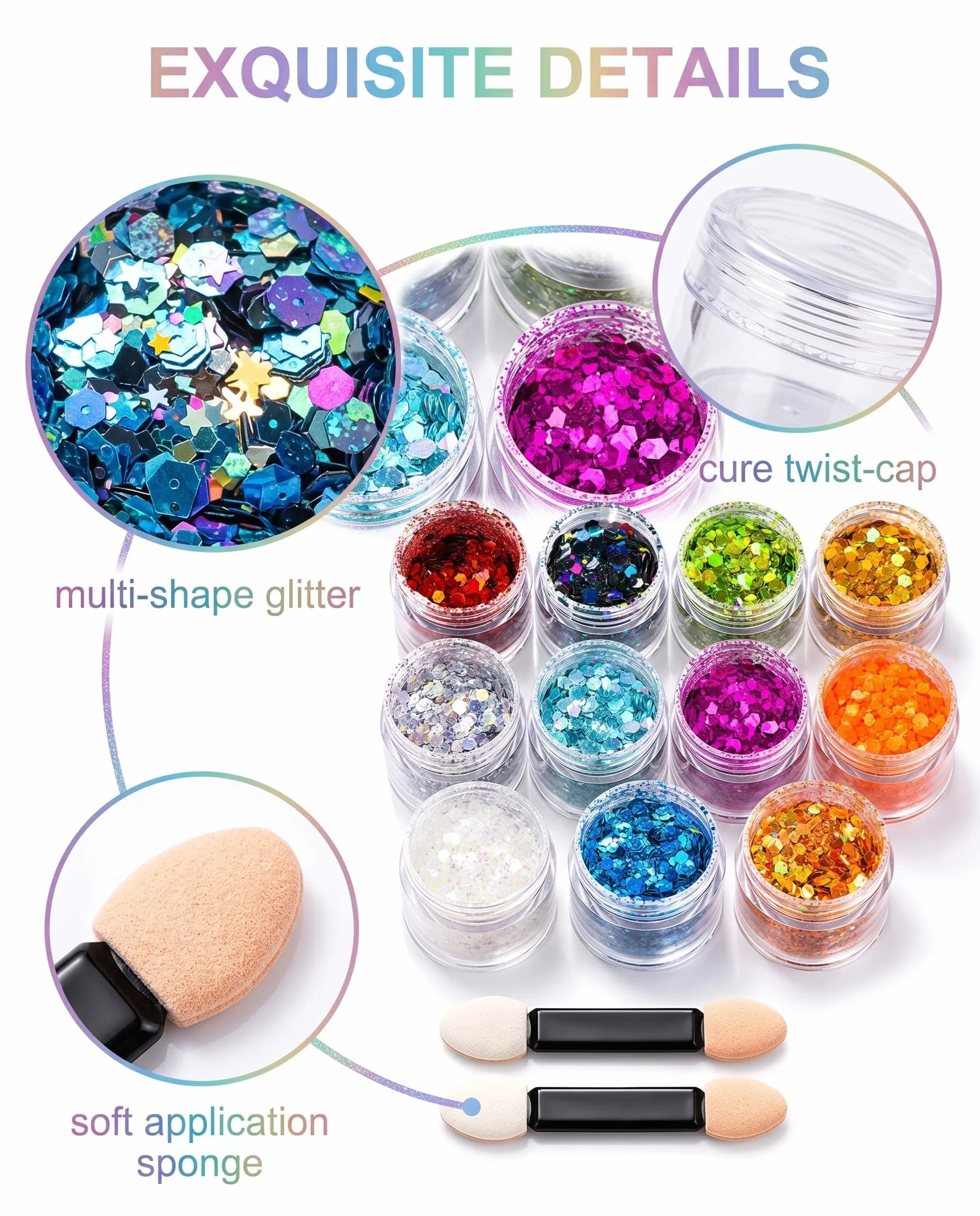 Brillantini Paillettes Glitter 12 Colori con 2 Pennelli - Set per Trucco Viso, Corpo, Capelli. Ideale per Festival, Carnevale, Feste & DIY Creativo.