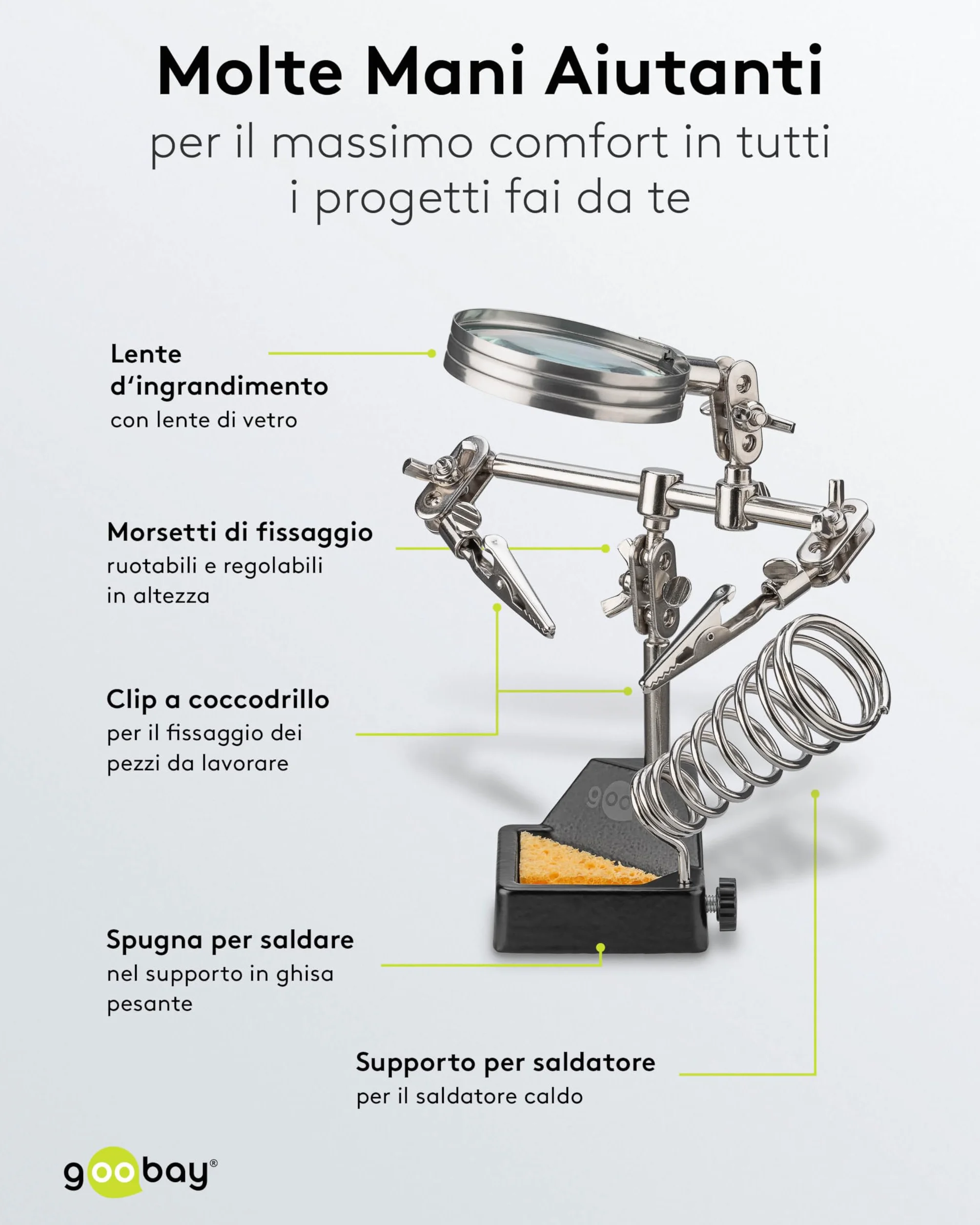 goobay Terza mano lente d'ingrandimento supporto saldatore ingrandimento 2,5x morsetti a coccodrillo flessibili base robusta