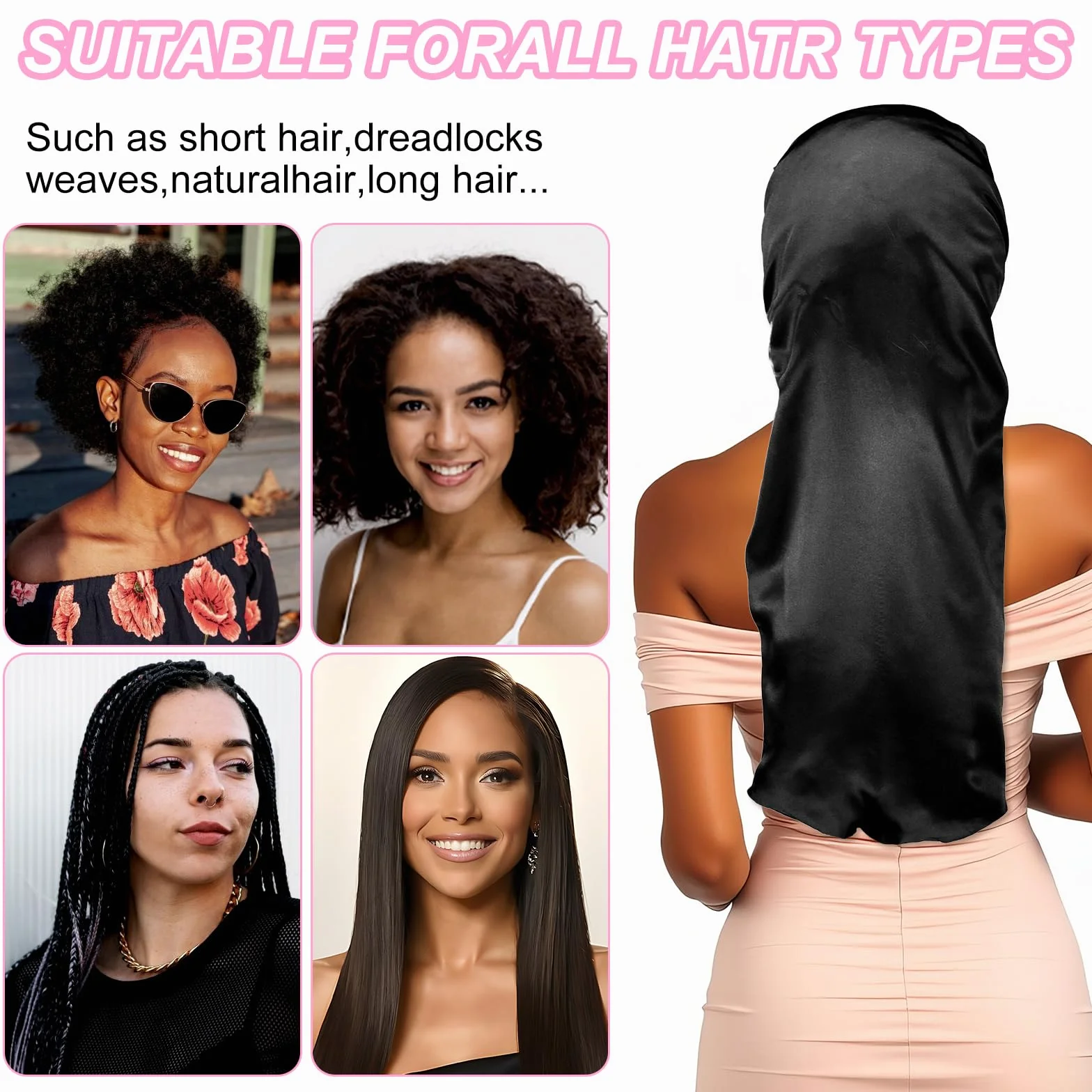Abeillo Cuffia lunga in raso per donne che dormono, grande cuffia per capelli in seta con fascia elastica per trecce capelli ricci