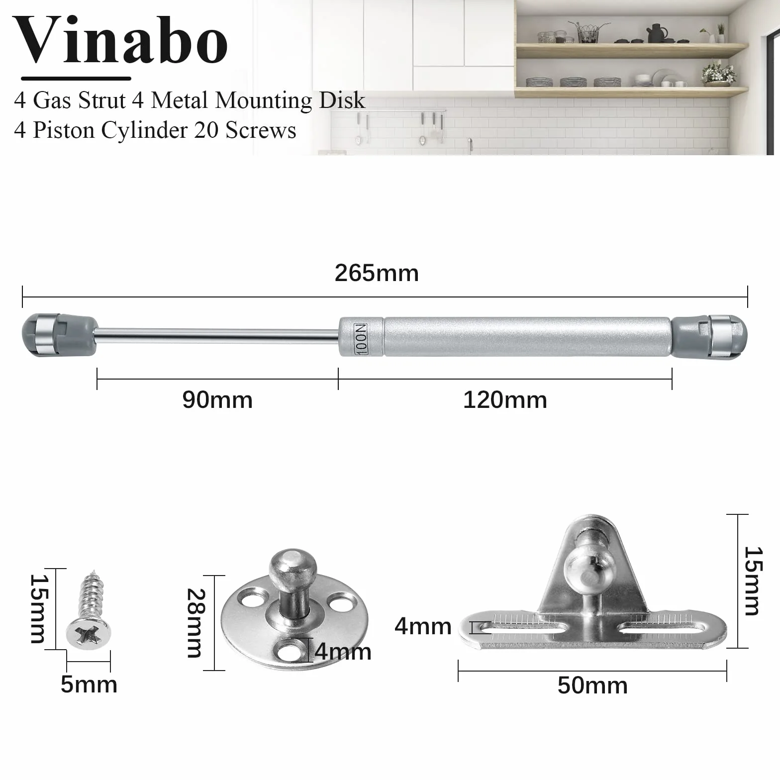 Vinabo 4 Pezzi Molle a Gas 100N, Pistone a Gas per Ante, Martinetto Pneumatico per Mobili, Argento