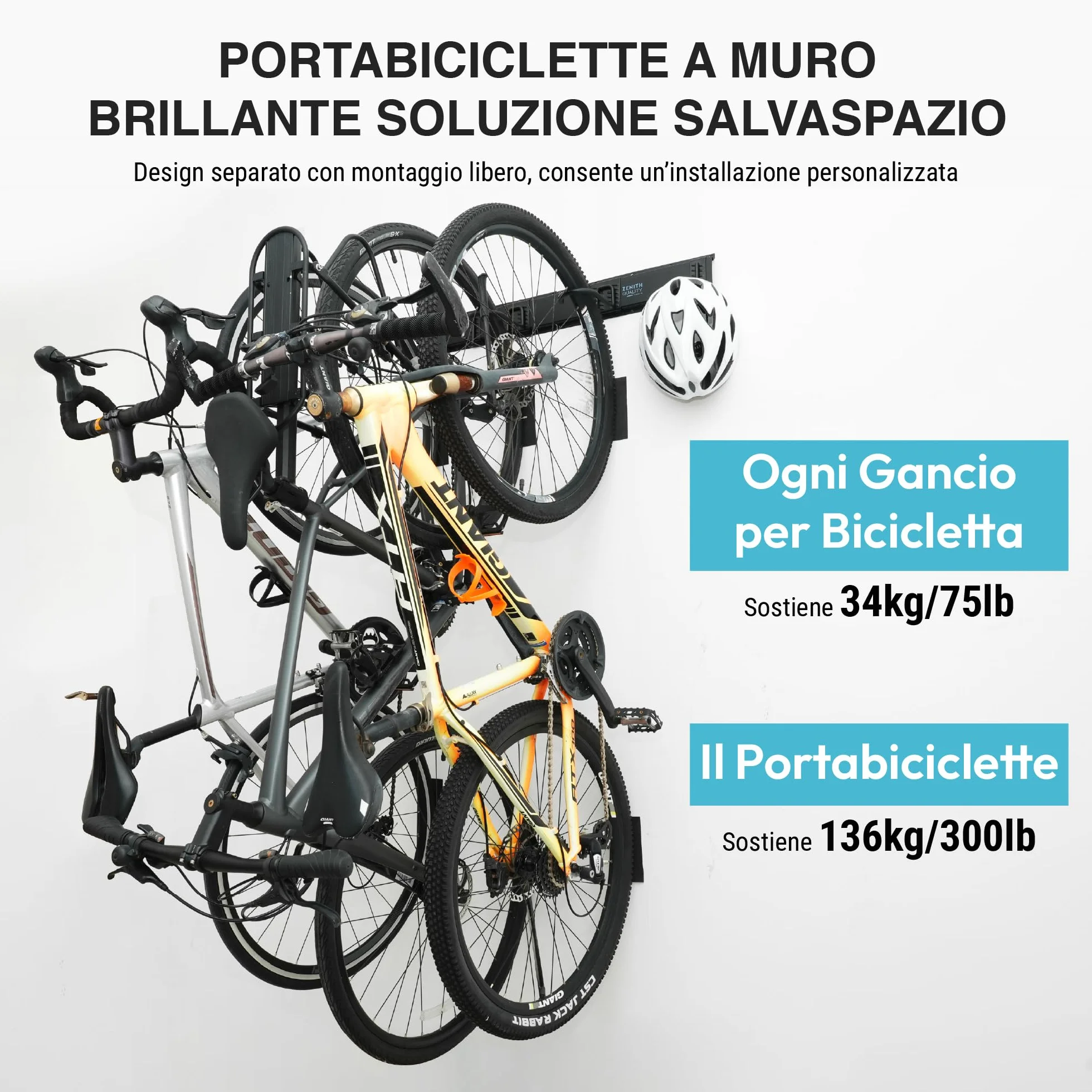 Porta Bici da Muro per 4 Biciclette e 3 Caschi, Portabici in Metallo con Ganci Resistenti fino a 136 kg