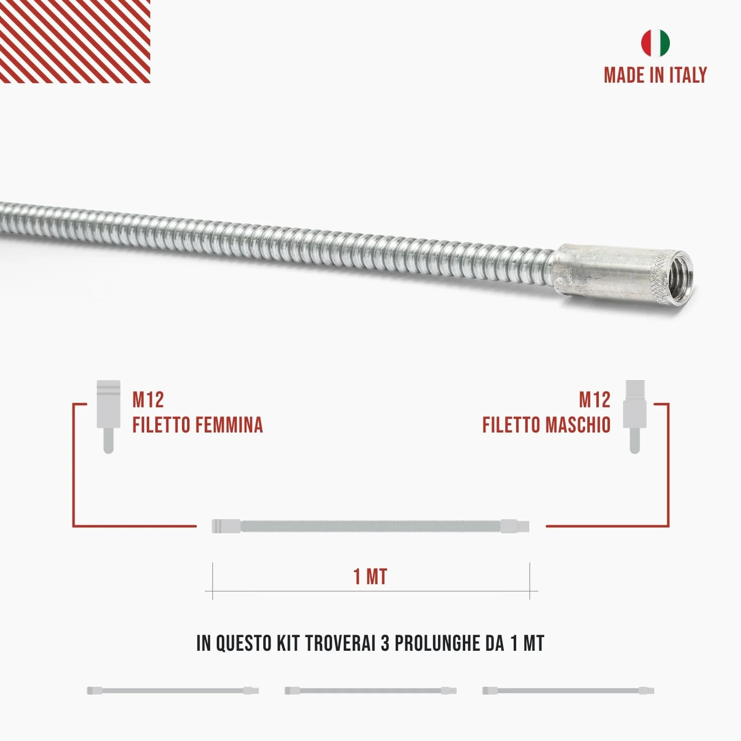 BARETTO Kit Pulizia Camino Canna Fumaria FLEX Ø 130 mm Prolunghe Molla 3 m Curvatura 90° Scovolo Nylon Attacco M12