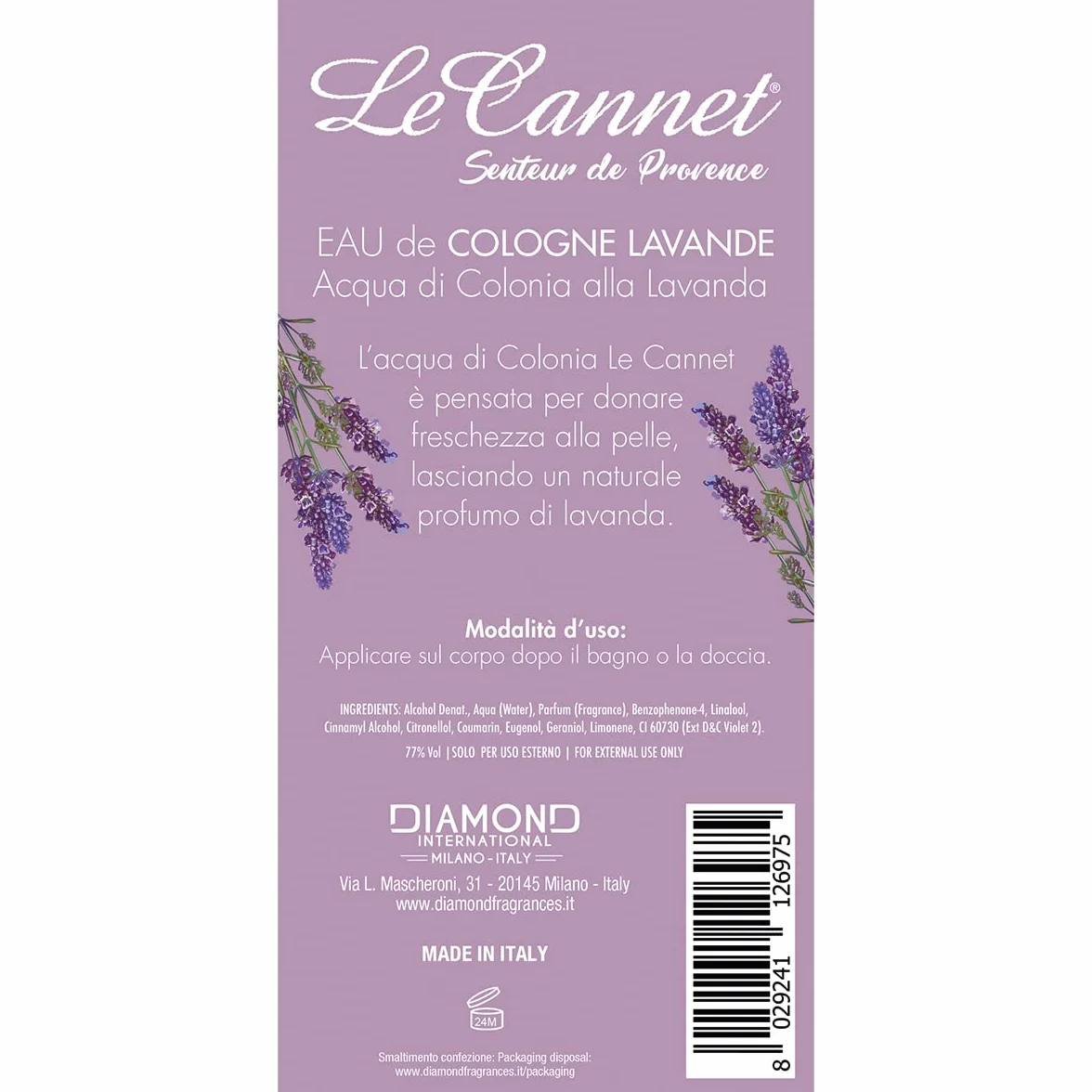 LE CANNET | Eau De Cologne - Acqua di Colonia Donna, Profumo Naturale e Sensazione di Freschezza, Perfetta per chi Ama le Fragranze più Classiche, Lavanda, 500 ml