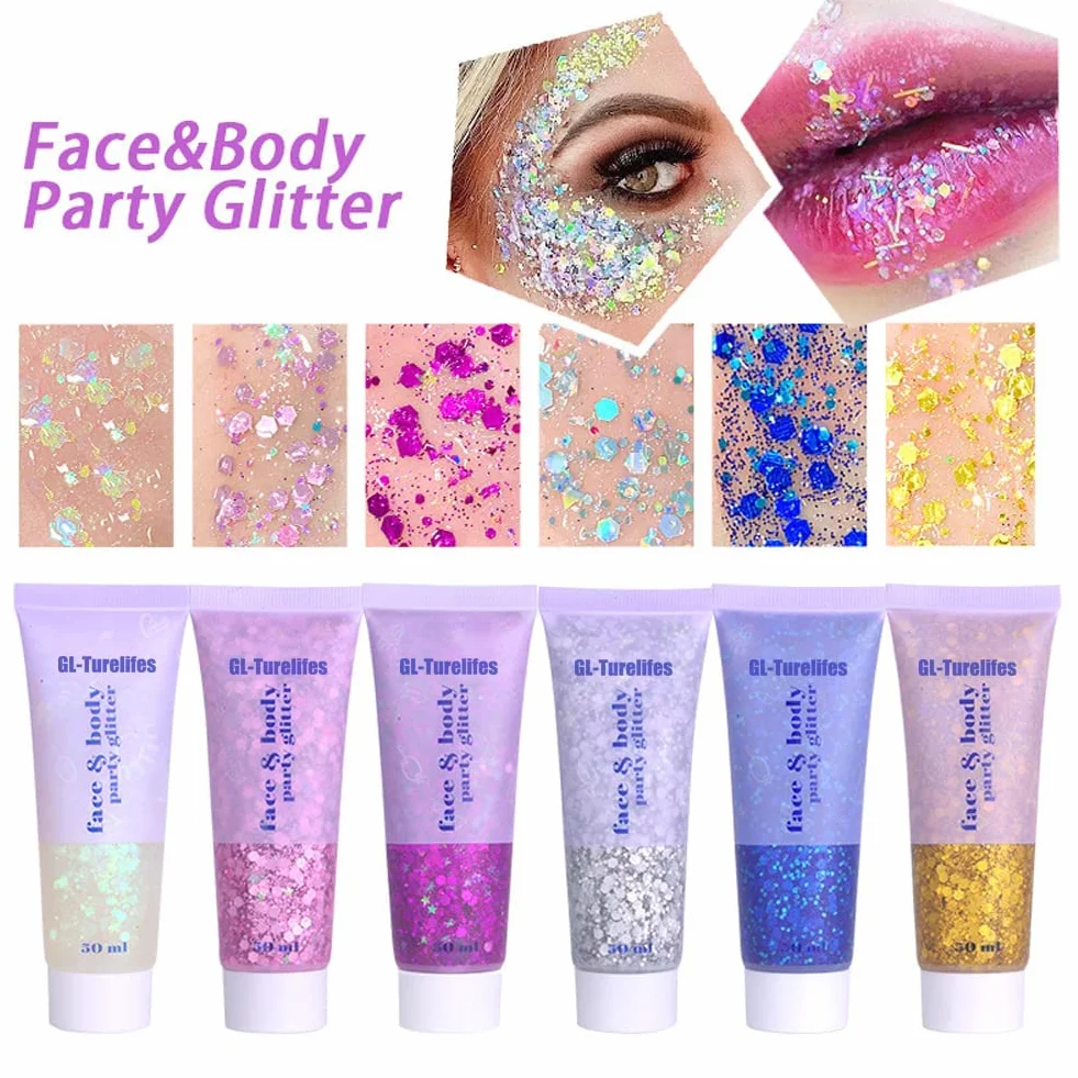 Face Body Glitter Gel per bambini e donne, sirena faccia Glitter da indossare, Squins grosse lucido per capelli e unghie, Rave Festival concerto accessori (#6 Bianco)