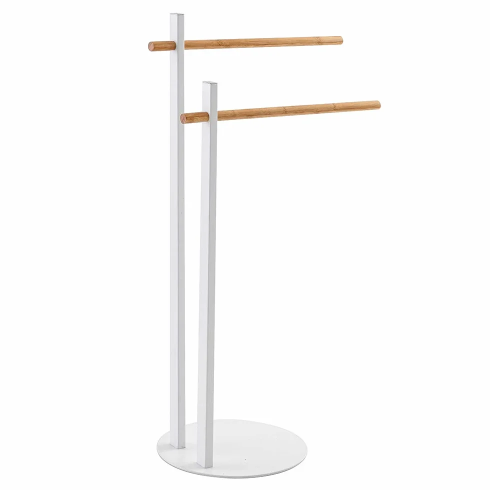Piantana Asciugamani Bagno Bianca, 22x31xh.81 cm, Base Tonda, Bracci in Legno di Bamboo