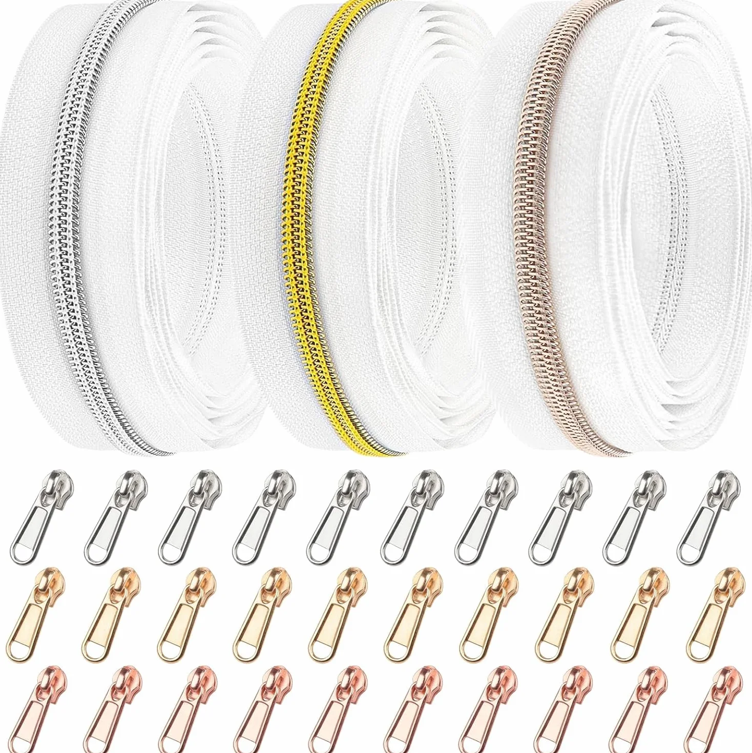 DOITEM Cerniera Senza Fine 15m Bianco Spirale 6mm + 30 Cerniere non Bloccabili Oro Argento Oro Rosa