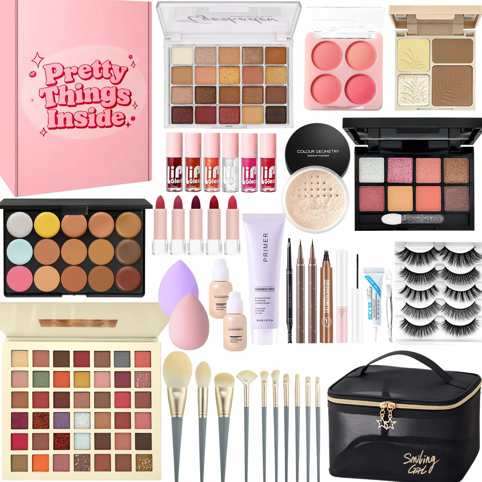 Set Trucchi Donna, Kit Make Up Completo, Tutto in Uno Trousse Trucchi con Palette Ombretto Paletta Correttivi Contouring Fondotinta Mascara Gloss Labbra Liner Occhi Matite Ssopracciglia Borsa Trucco