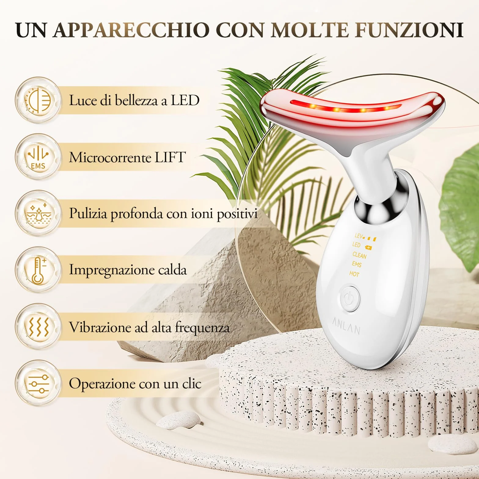 ANLAN Dispositivo di Bellezza Antirughe, Impacco Caldo a 45 ℃ Terapia Della Luce Massaggiatore Viso EMS lifting del Collo Rassodante per Tonificare il Viso,Timer di spegnimento di 5 minuti