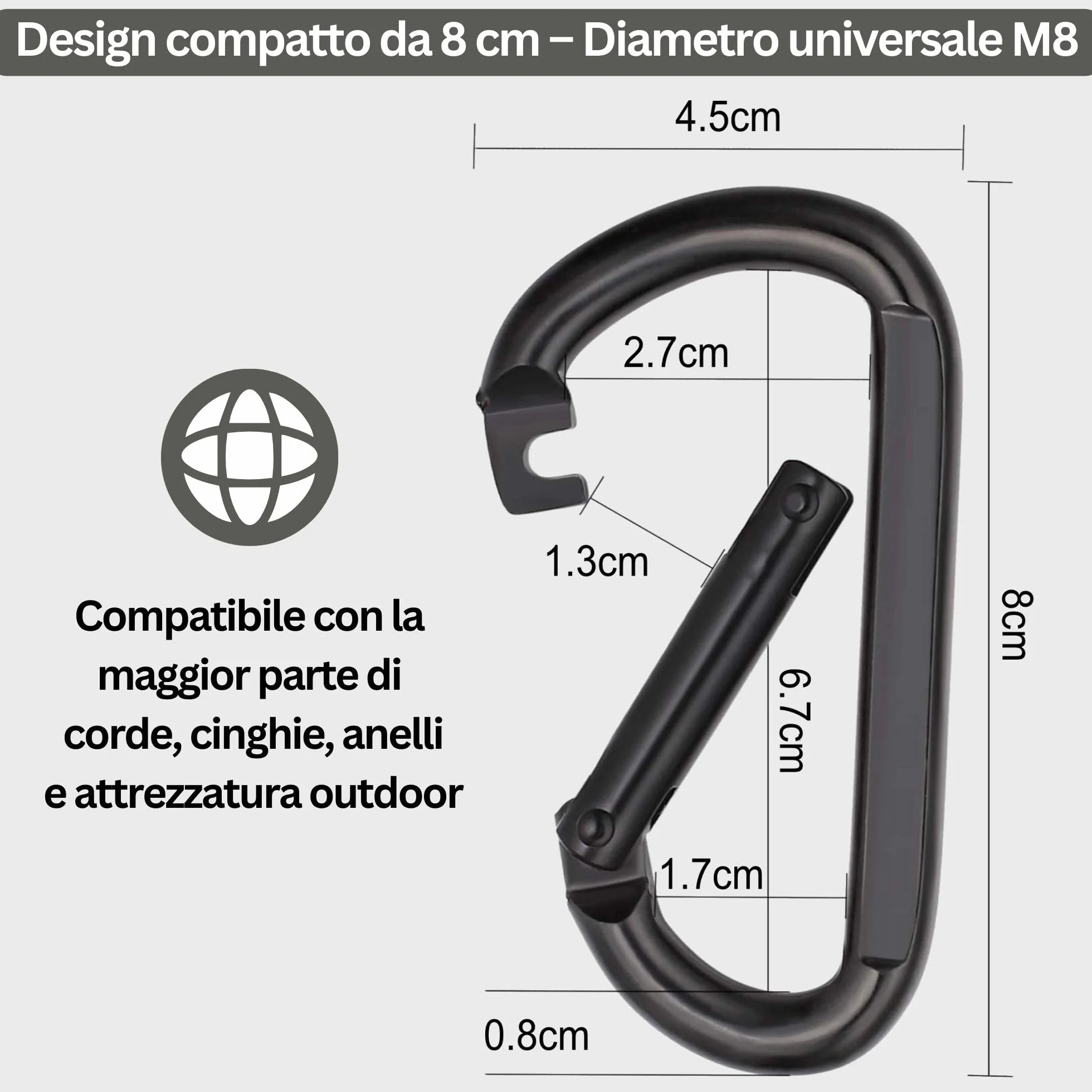 Moschettone Nero Inox M8 8 cm 250 kg Set da 2