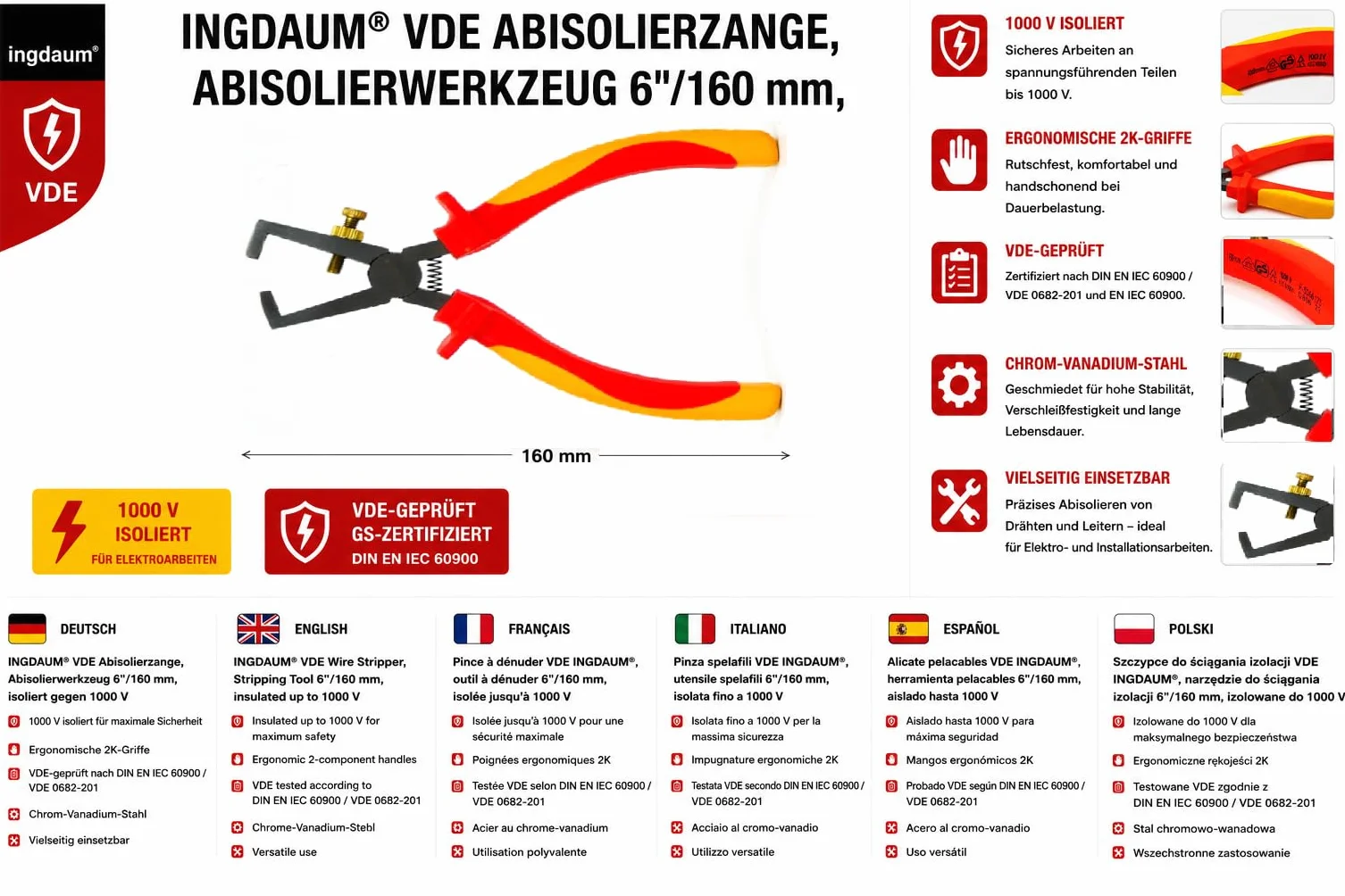 Pinza VDE isolata 1000 V testata GS DIN EN IEC 60900 acciaio cromo vanadio spelafili 6"