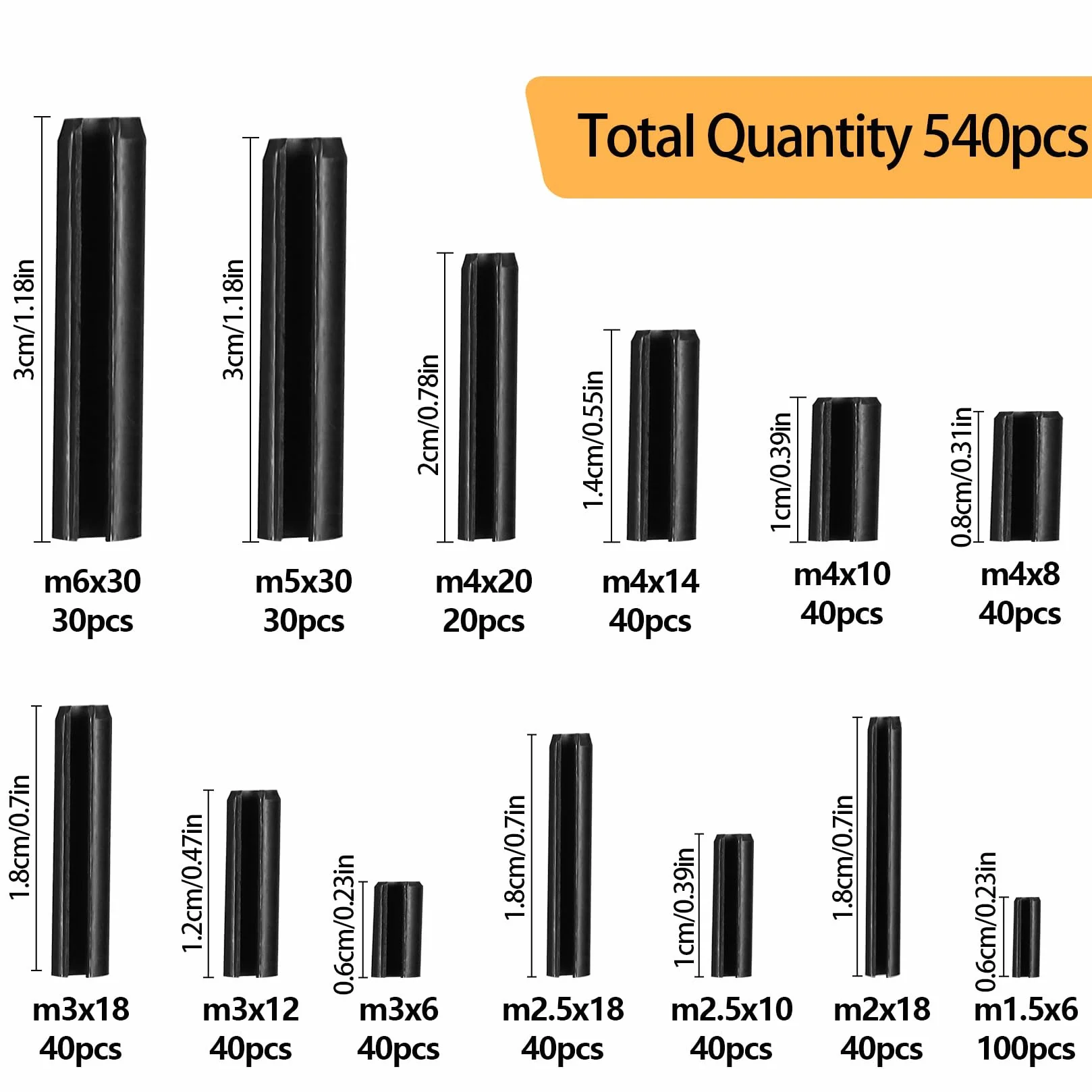 Spannstift Hohlsplinte Set 540 Stk Manganstahl M1.5/M2/M2.5/M3/M4/M5/M6