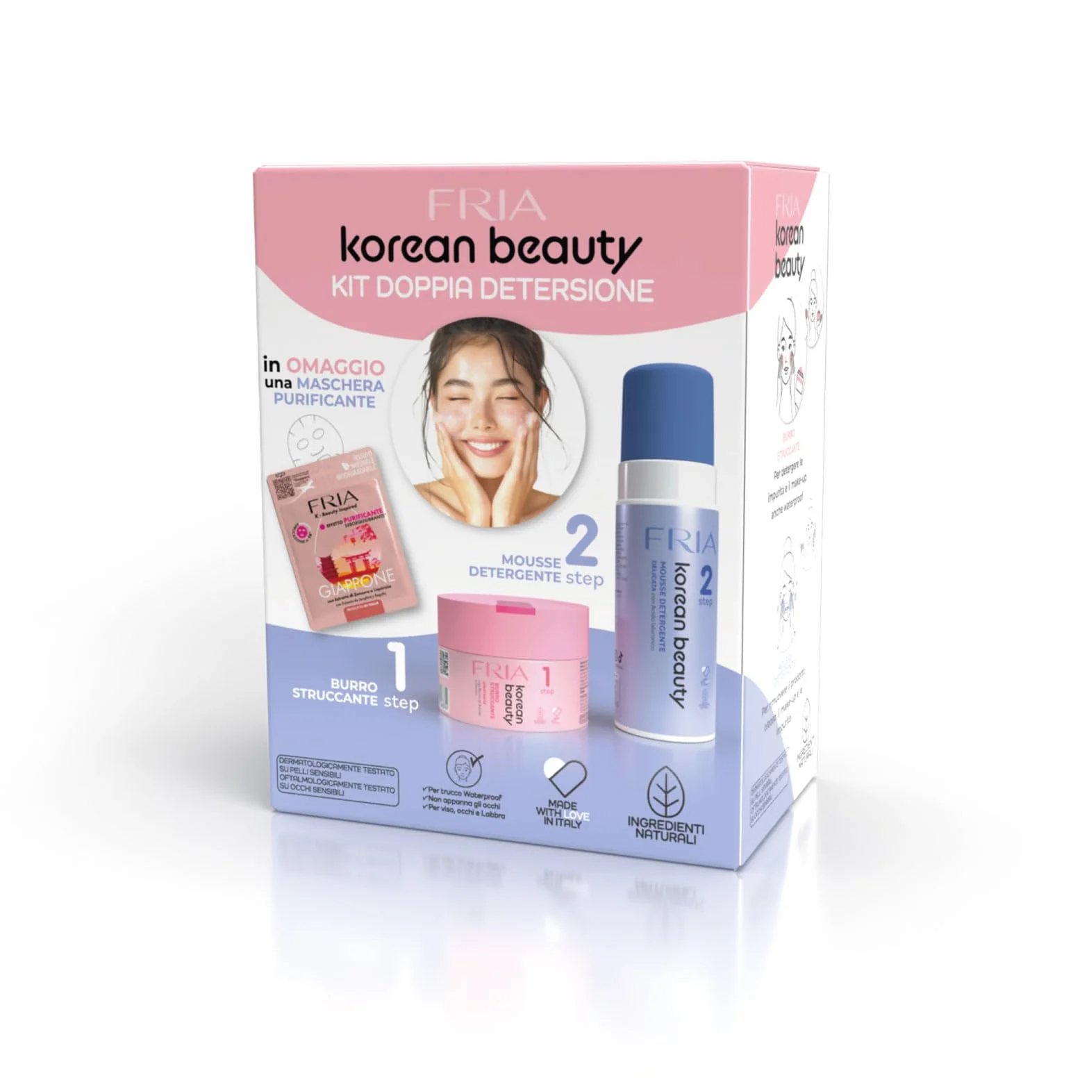 Fria Korean Beauty Kit Doppia Detersione, Burro Struccante Idratante Korean Beauty + Mousse Detergente Delicata Korean Beauty + Maschera Viso Purificante Fria Giappone in Omaggio