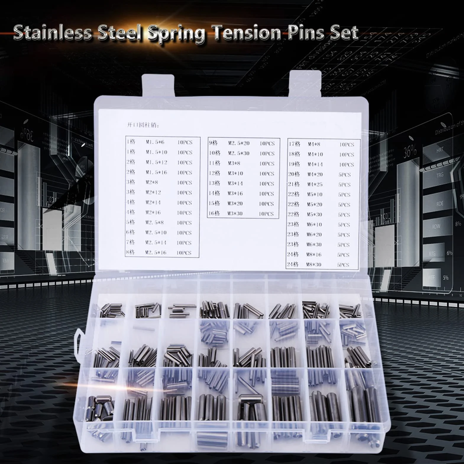 Perno di Collegamento Barre a Molla, Spina Elastica in Acciaio Inox, Set 280 Pezzi M1.5-M8