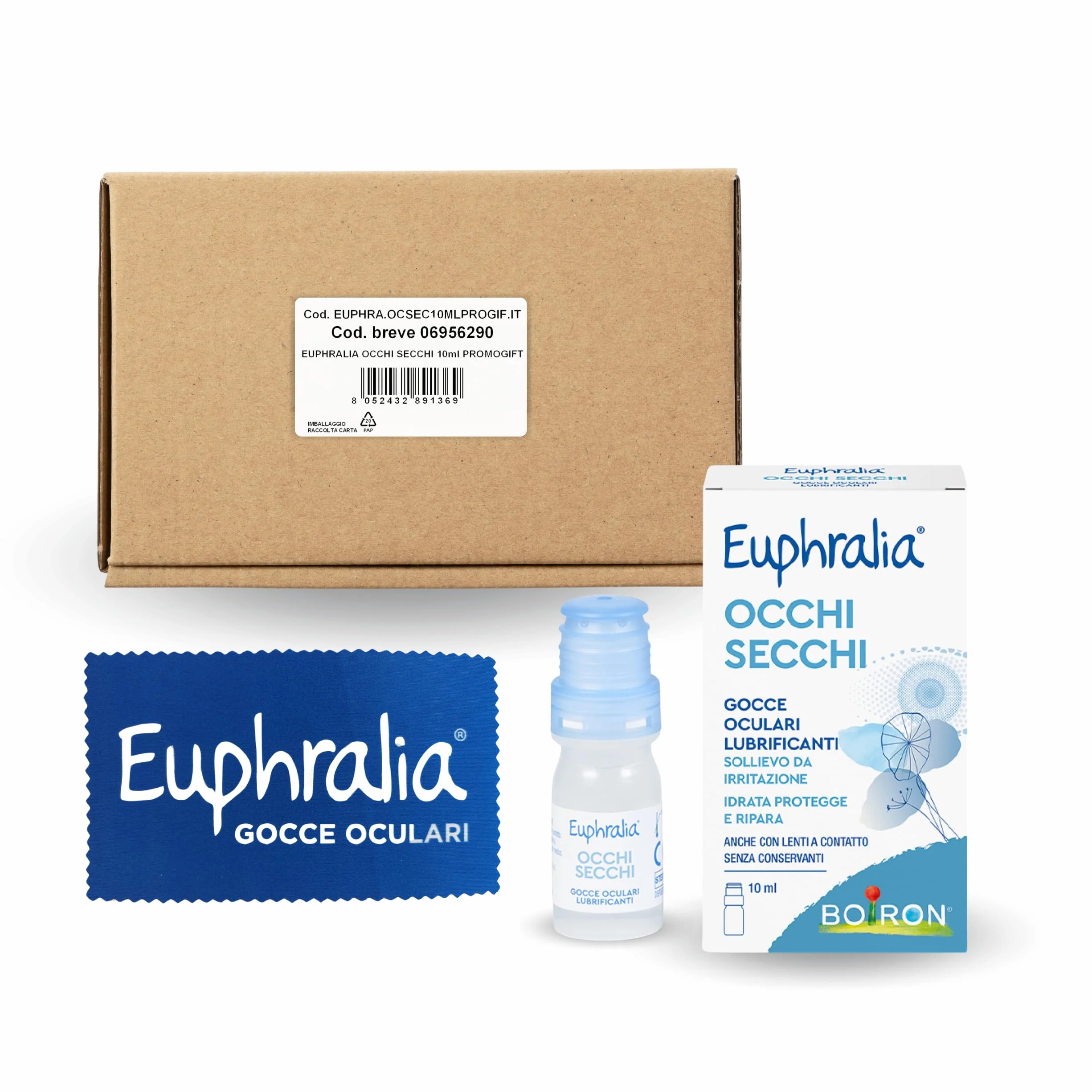 Euphralia Occhi Secchi - Gocce Oculari Lubrificanti, Rimedio contro Secchezza Oculare, Azione Protettrice e Riparatrice, con Acido Ialuronico, Ginkgo Biloba - Flacone da 10 ml + Panno Occhiali