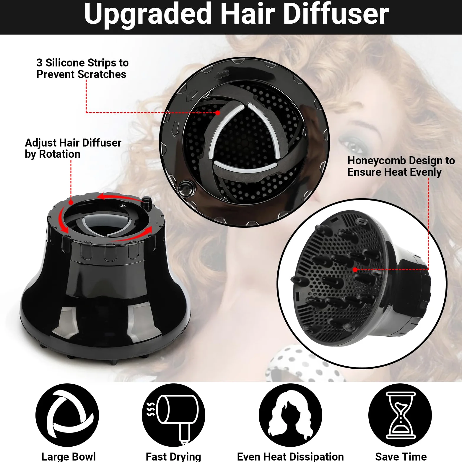 Segbeauty - Diffusore universale per capelli ricci, adattabile per parrucchieri, strumento di qualità per parrucchieri, senza crespo, asciugatura rapida, con ugello da 1,58 a 2,48 pollici