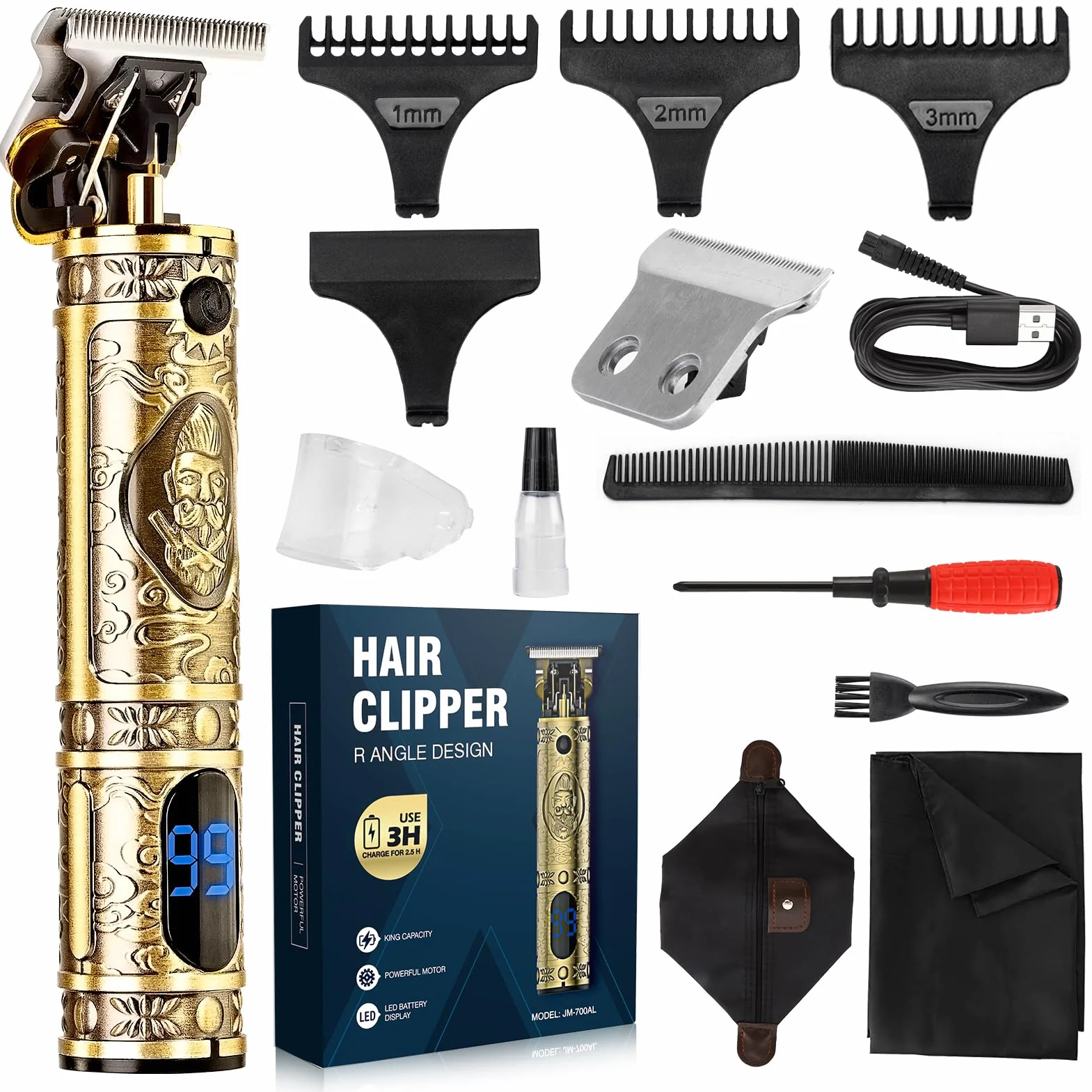 Macchinetta per Capelli Taglia Uomo Professionale Senza Fili Trimmer Capelli Barba e Capelli 0 mm Elettrico Regola Hair Clipper Ricaricabile Usb e Incisione Silenzioso Gold Trimmer Vintage T9