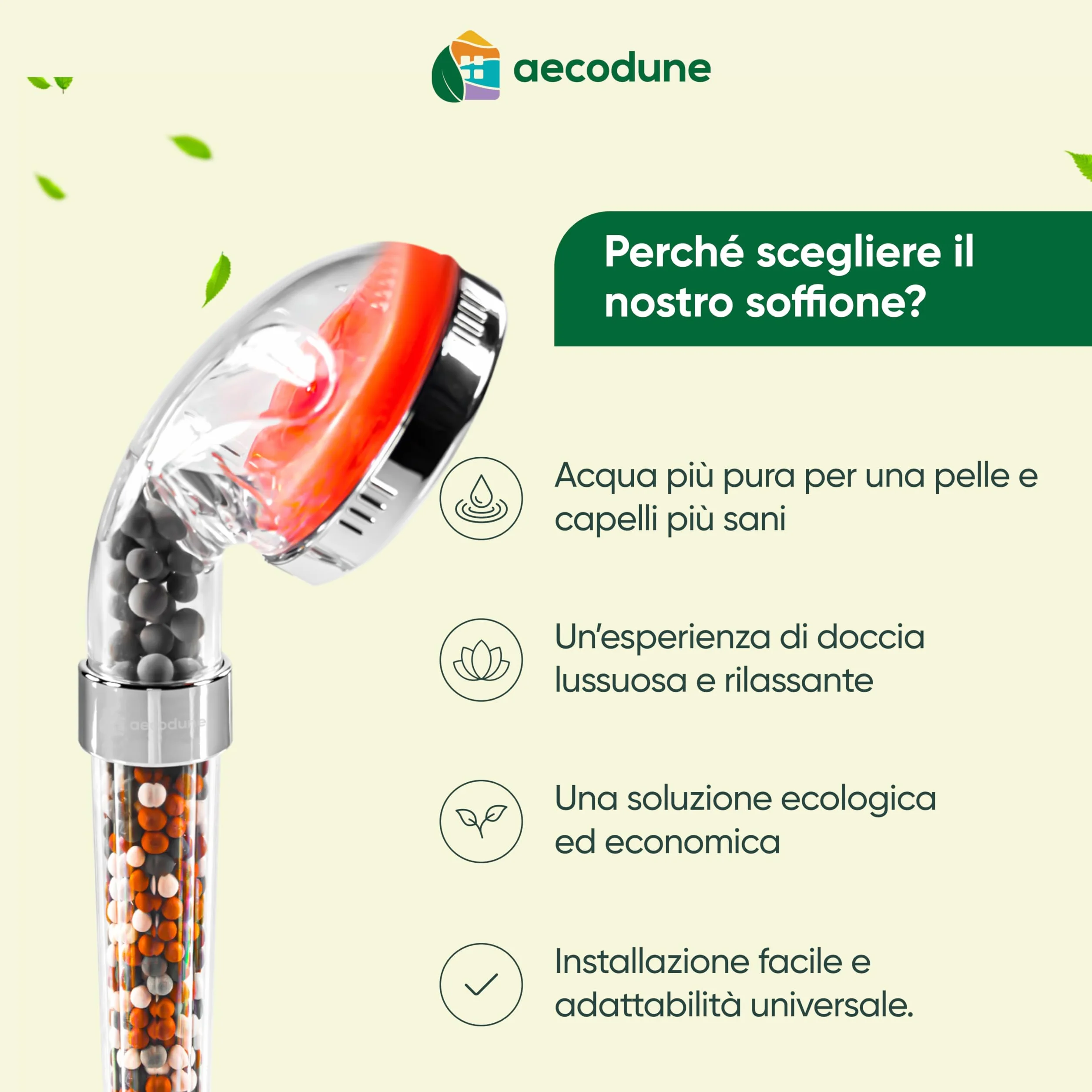 Aecodune Soffione Doccia con Filtro Premium Vitamina C - Universale Anticalcare - Riduce 99% Fluoro Cloro