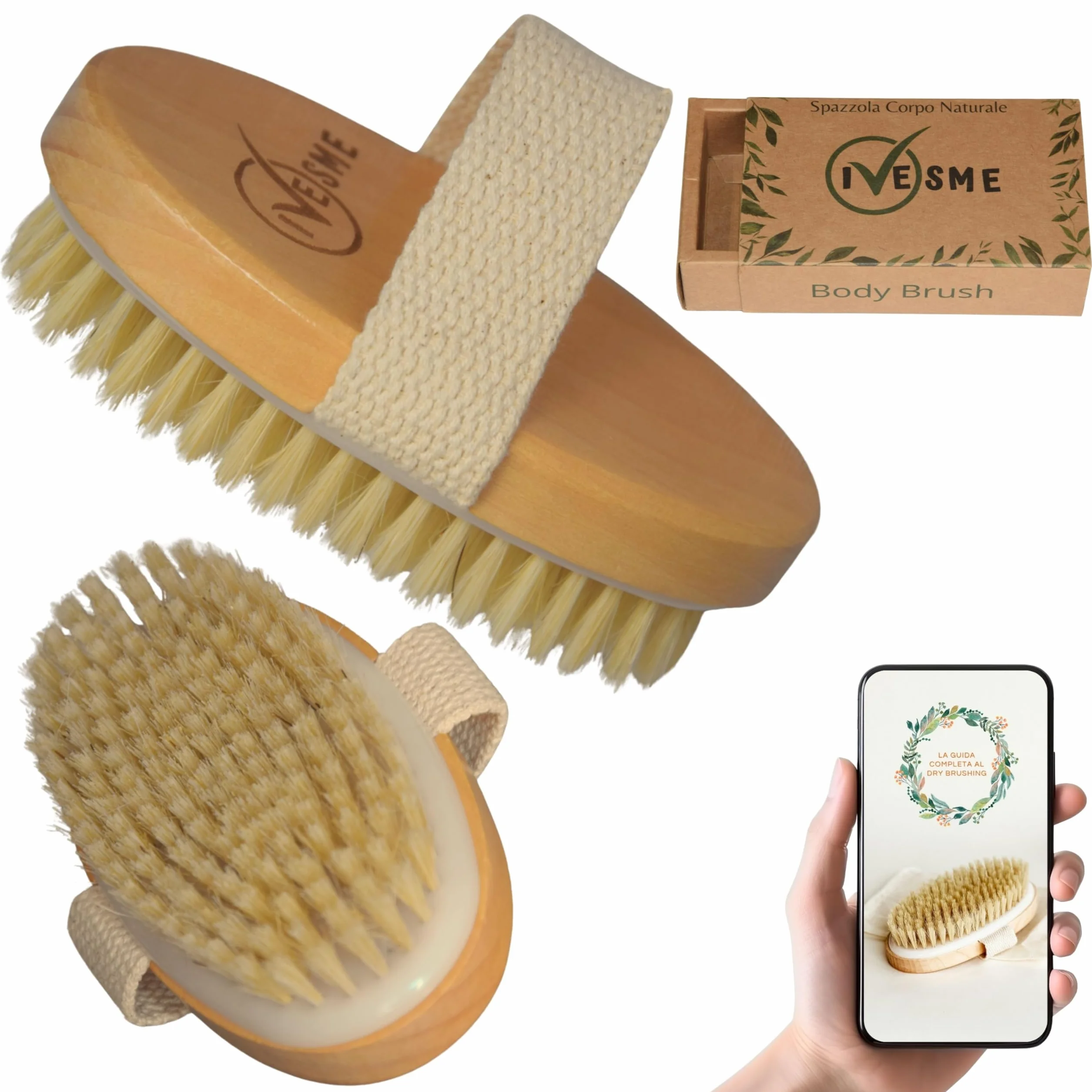 Spazzola Corpo a Secco Setole Naturali e GUIDA al Dry Brushing Corpo - Spazzola cellulite - Spazzola a Secco Corpo Esfoliante per una Pelle subito Liscia e Tonica Stimola la Circolazione