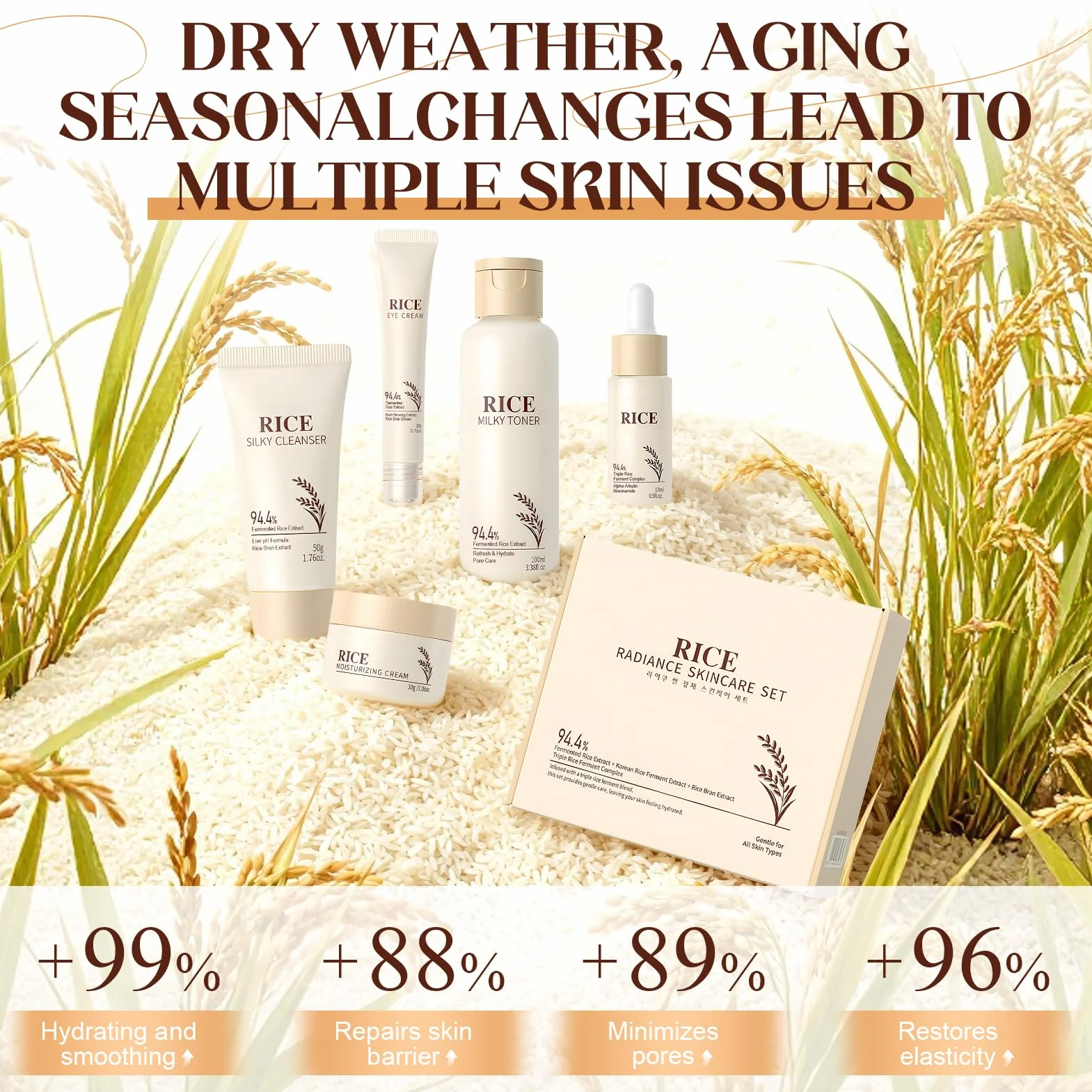 9 Pezzi Riso Kit Skincare Viso Completo, Skincare Coreana Kit, Set skincare viso Completo con Detergente viso, Maschera Coreana, Rice Toner, Crema Visos, Contorno Occhi, Siero Visos