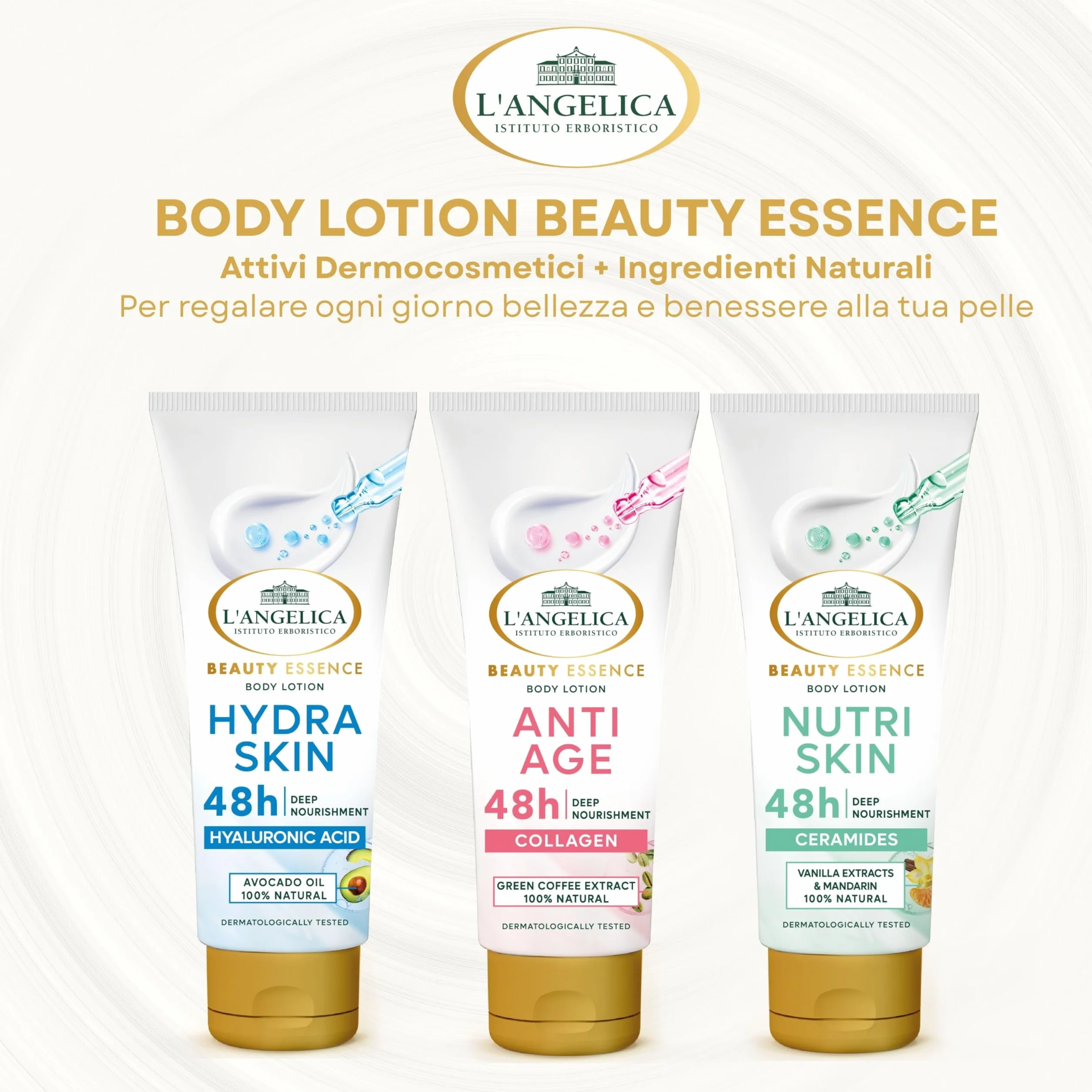 L'Angelica Beauty Essence, Body Lotion Hydra Skin, Pelle Morbida e Levigata, 48H di Idratazione, Crema Corpo Con Acido Ialuronico e Olio di Avocado 100% Naturale, Dermatologicamente Testato, 250ml