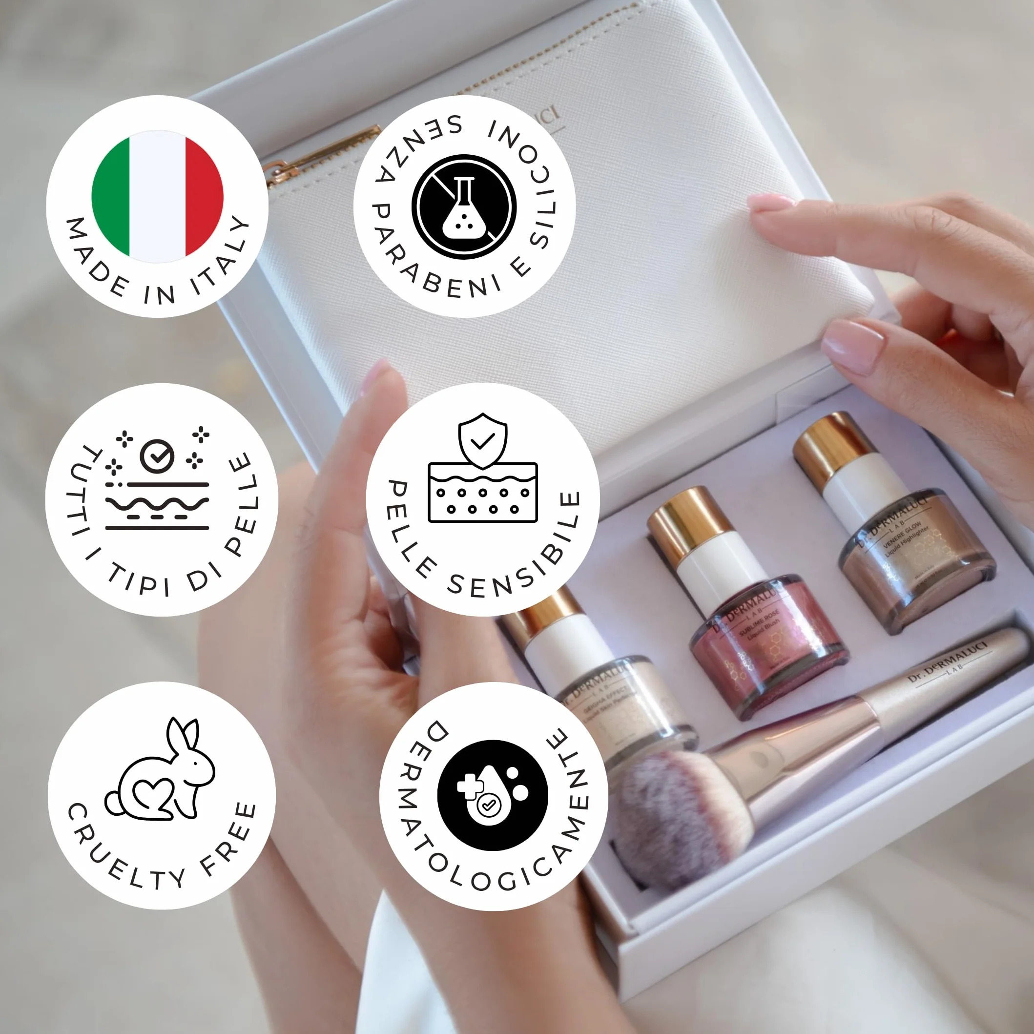 Dr. Dermaluci Lab Kit Contouring Viso - Blush Liquido + Illuminante Viso + Skin Perfector - Make Up Trucchi, Bronzer, Pelle Sensibile, Idee Cofanetto Regalo Donna, Made in Italy