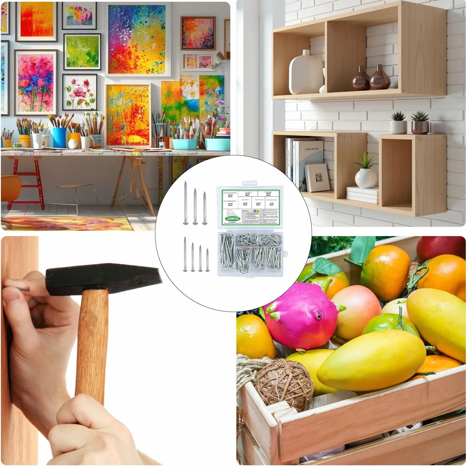 Chiodi per Quadri Muro Acciaio Testa Piatta 290 Pezzi 7 Misure Muratura Cartongesso Legno