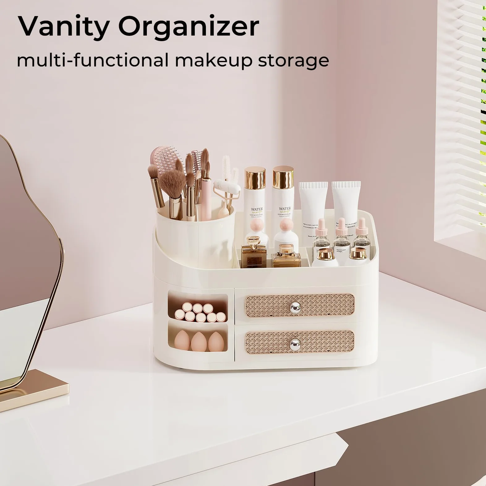 UFORU Organizer per trucchi da toeletta con porta pennelli rotante, organizer per la cura della pelle con 2 cassetti, spaziosa vetrina per profumi, palette di ombretti, smalti per unghie