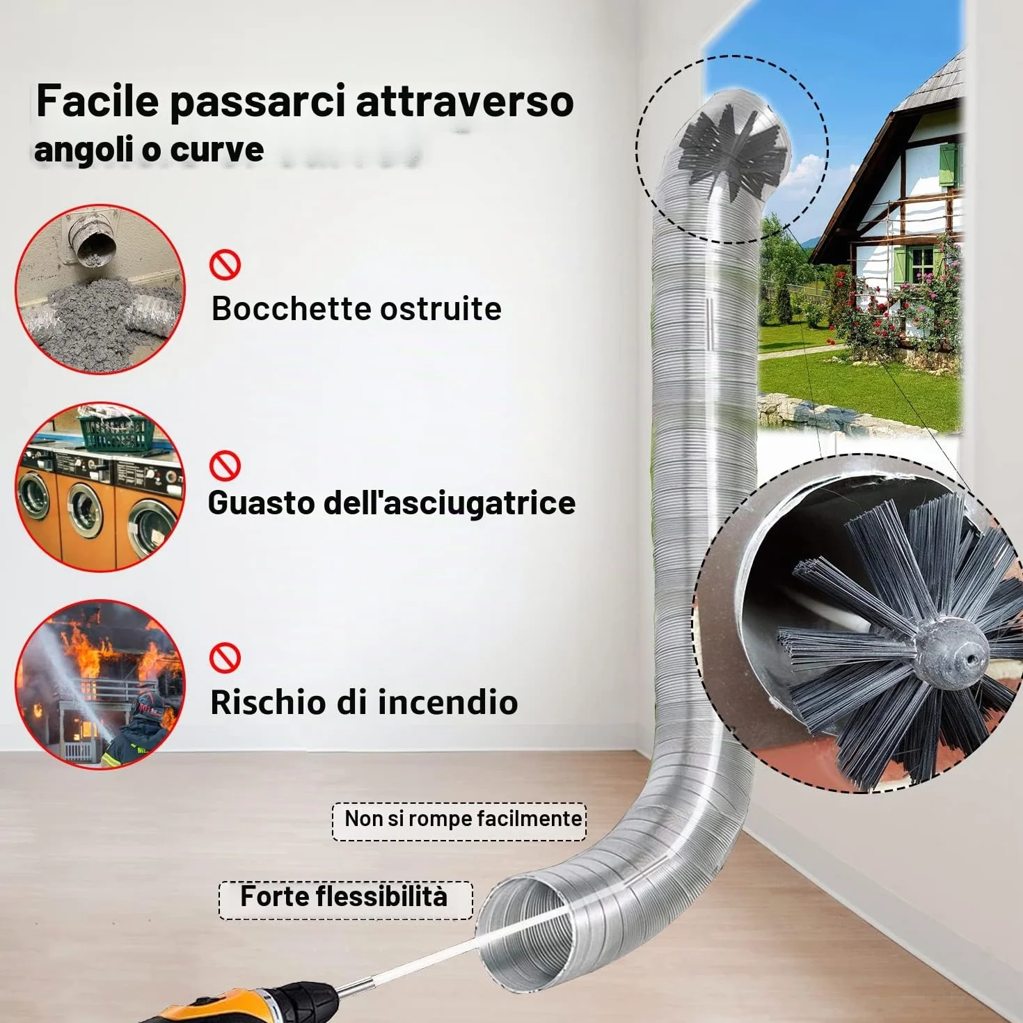 Spazzole per Camini in Nylon con 6 Aste Flessibili e 1 Testina per Pulizia Camino